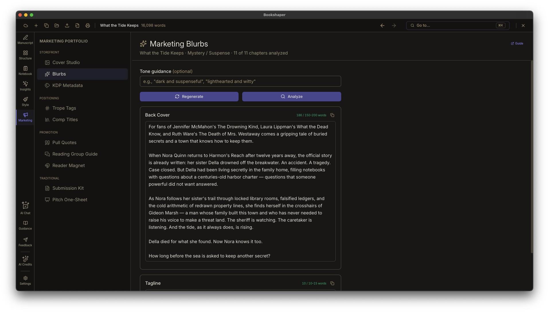 Blurbs view showing generated back-cover copy and tagline with a scored analysis panel