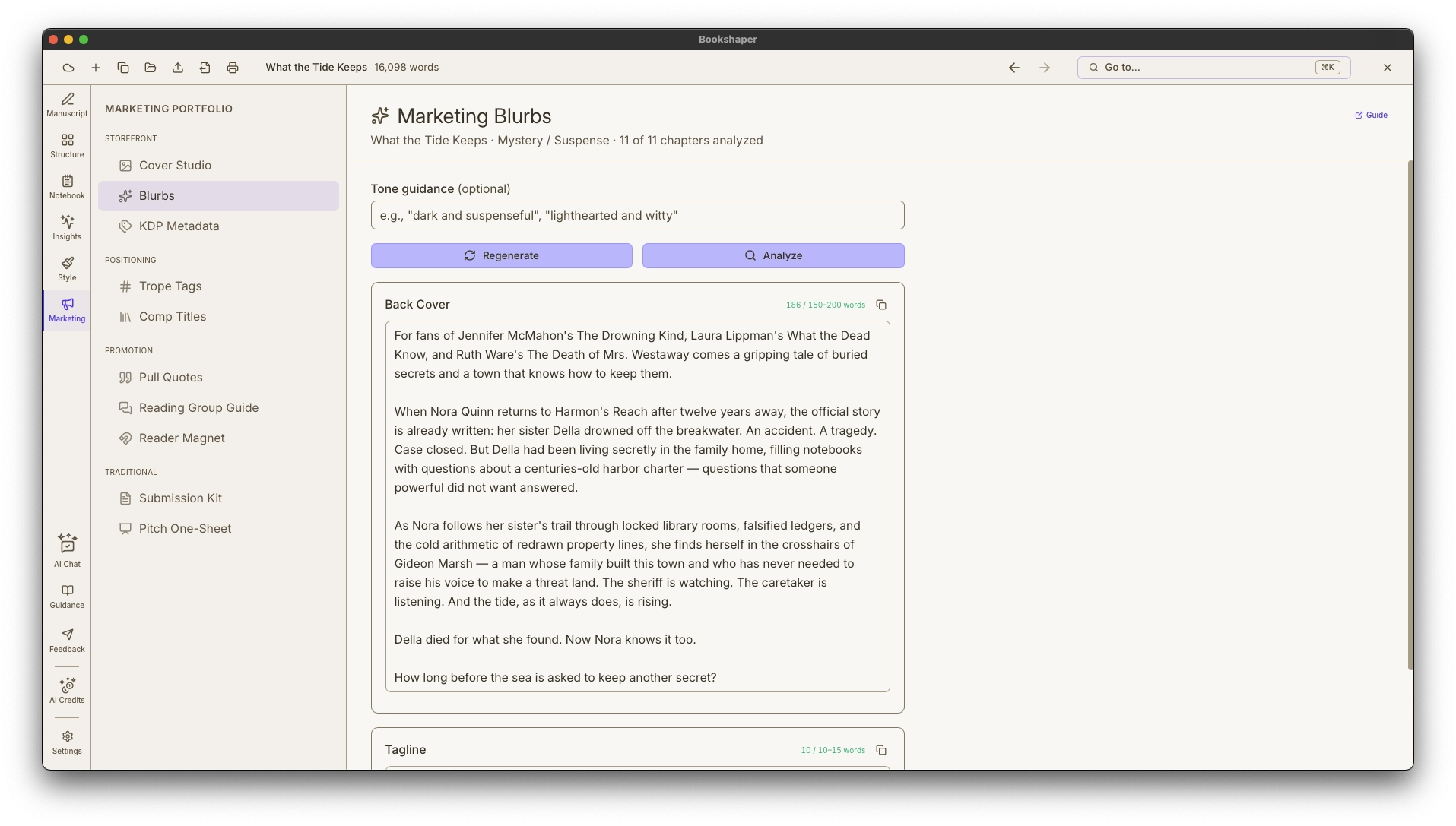 Blurbs view showing generated back-cover copy and tagline with a scored analysis panel