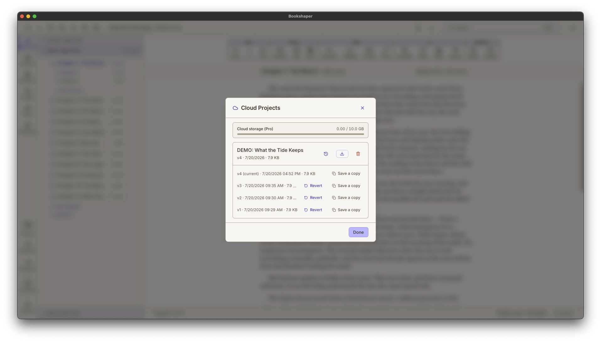 Bookshaper Cloud Projects panel showing cloud storage usage and a project's version history with Revert and Save-a-copy actions