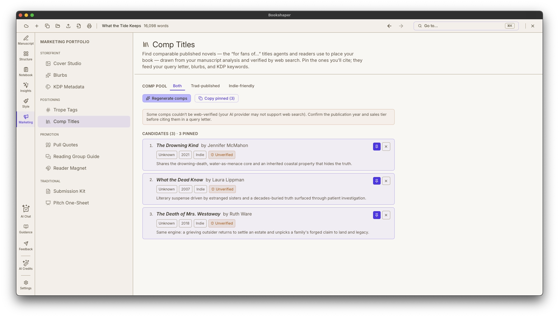 Comp titles with publication year, publisher, and sales-tier badges alongside ranked discoverability tropes