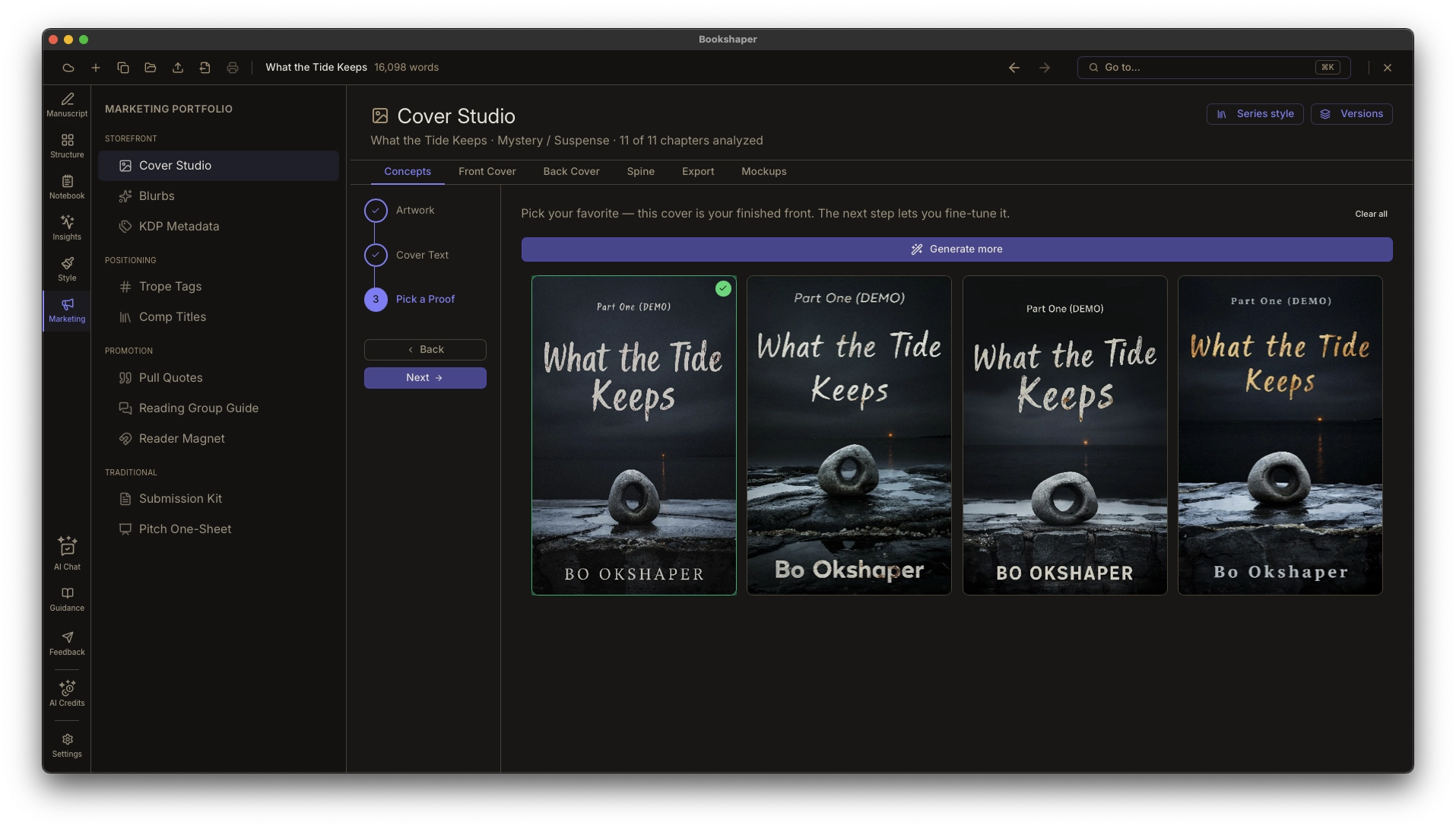 Concepts tab — a grid of nine AI-generated cover proofs beside the guided art-direction brief