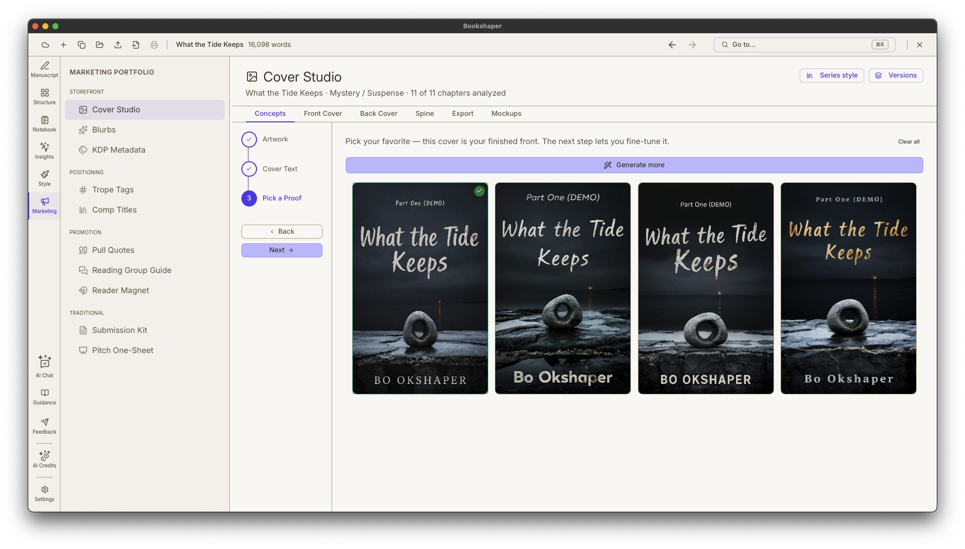 Concepts tab — a grid of nine AI-generated cover proofs beside the guided art-direction brief