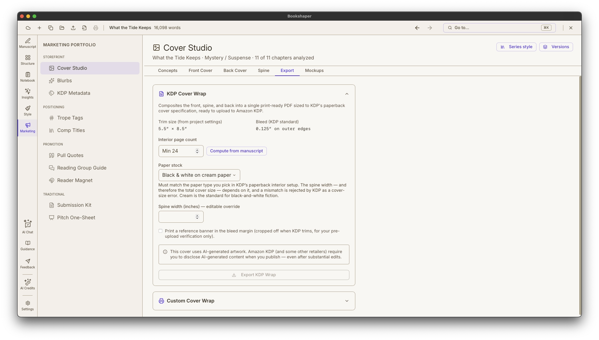 Export tab — print-ready KDP wrap, IngramSpark custom-template wrap, and ACX audiobook export options