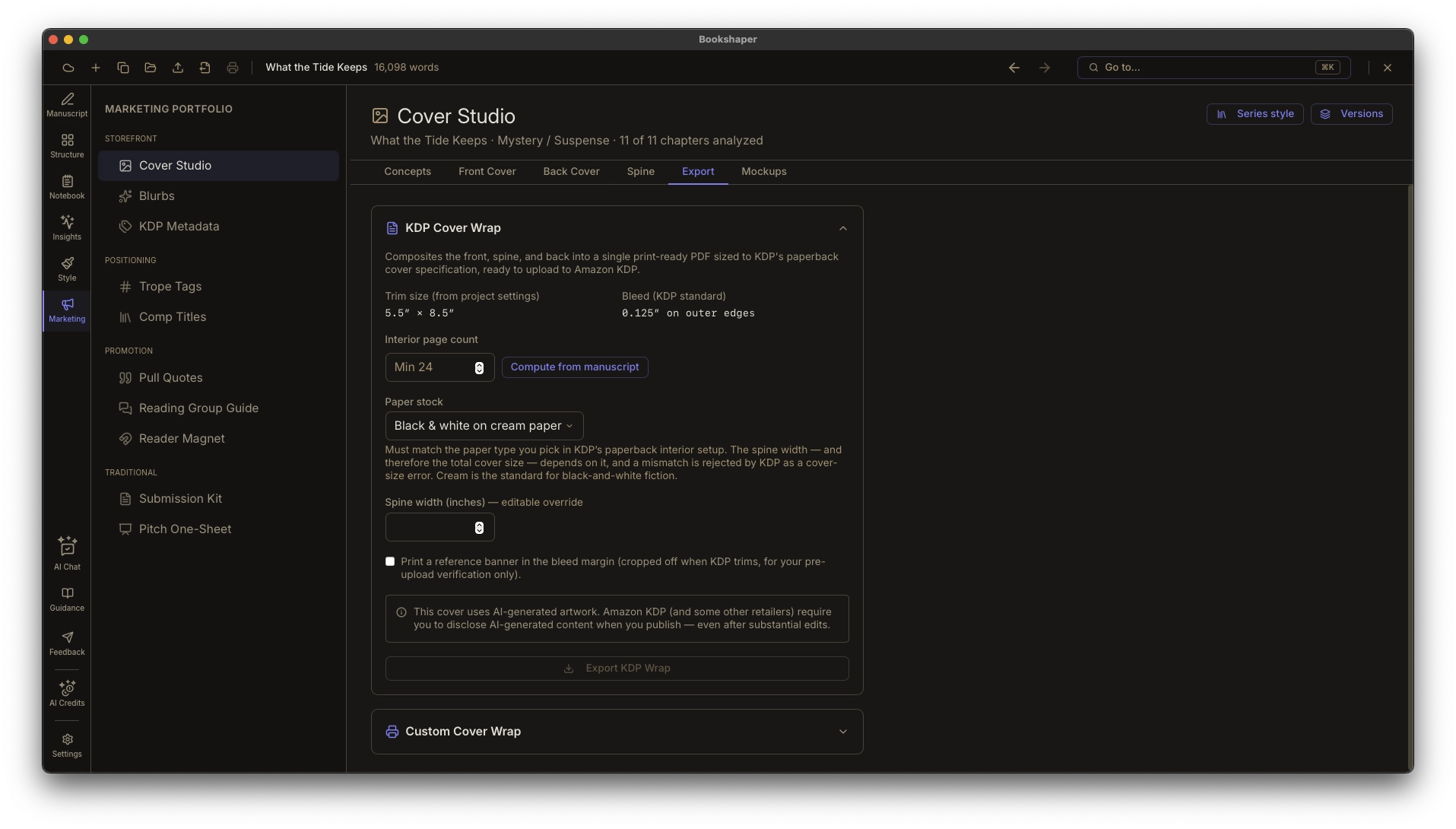 Export tab — print-ready KDP wrap, IngramSpark custom-template wrap, and ACX audiobook export options