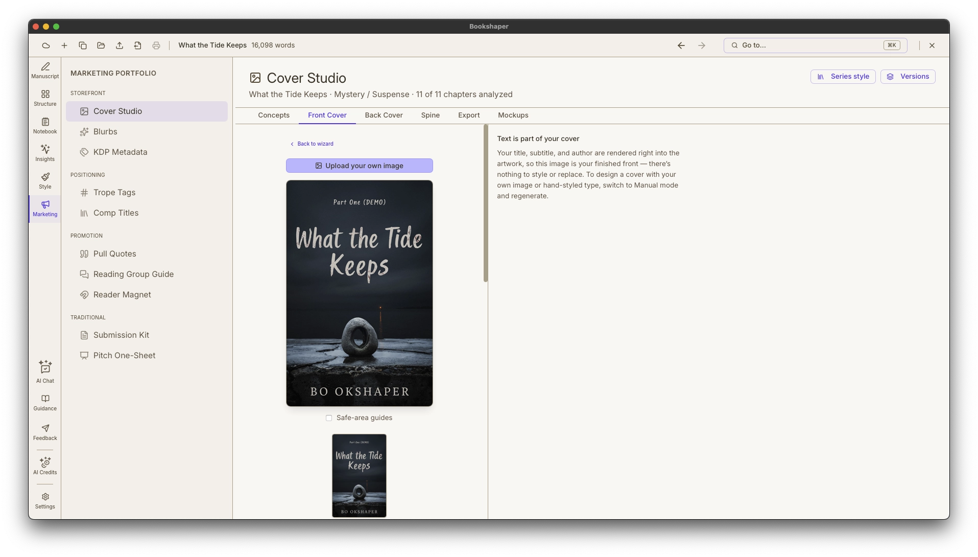 Front Cover tab — front cover design with genre-styled title treatment, effects, and live preview