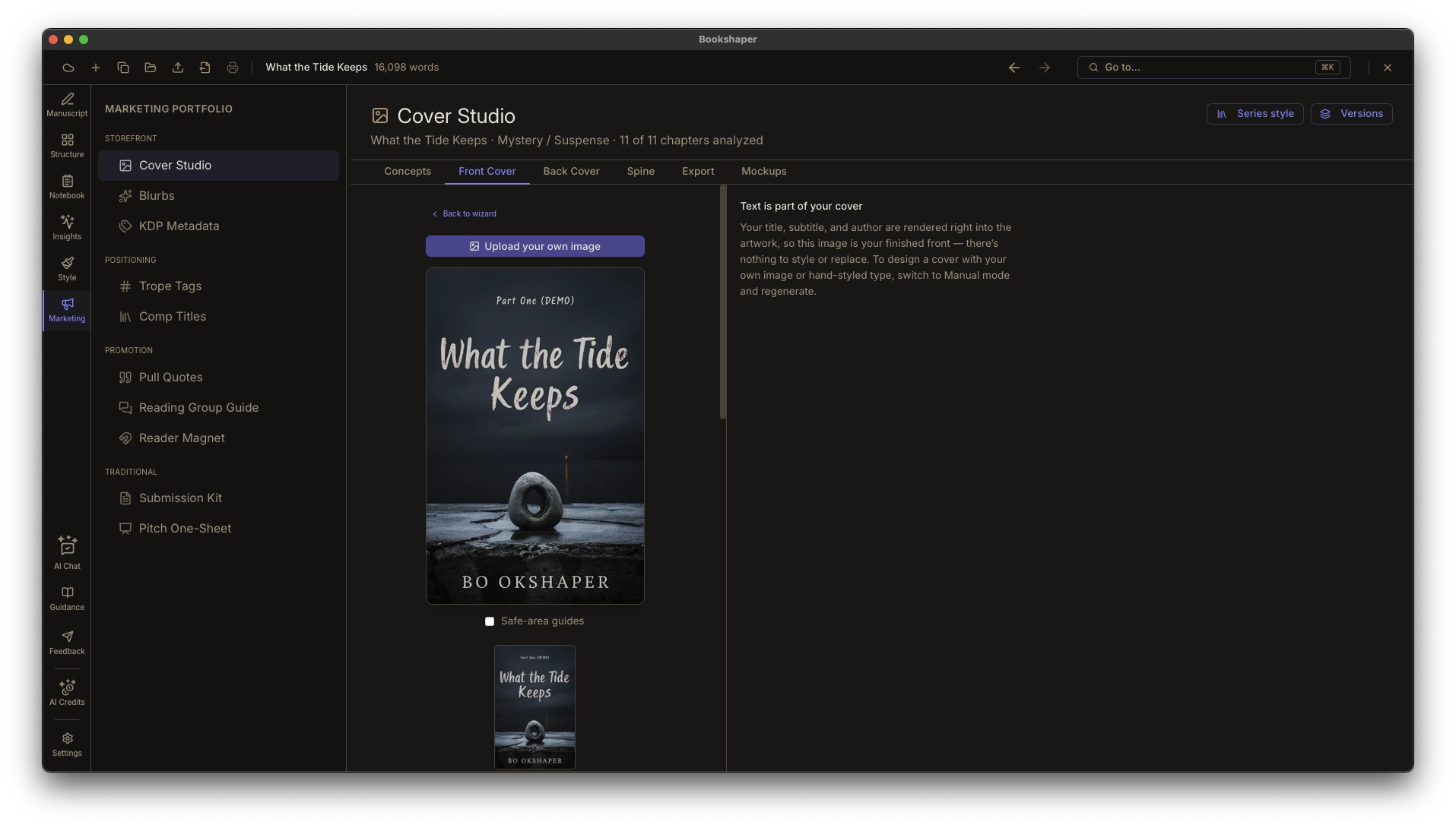 Front Cover tab — front cover design with genre-styled title treatment, effects, and live preview
