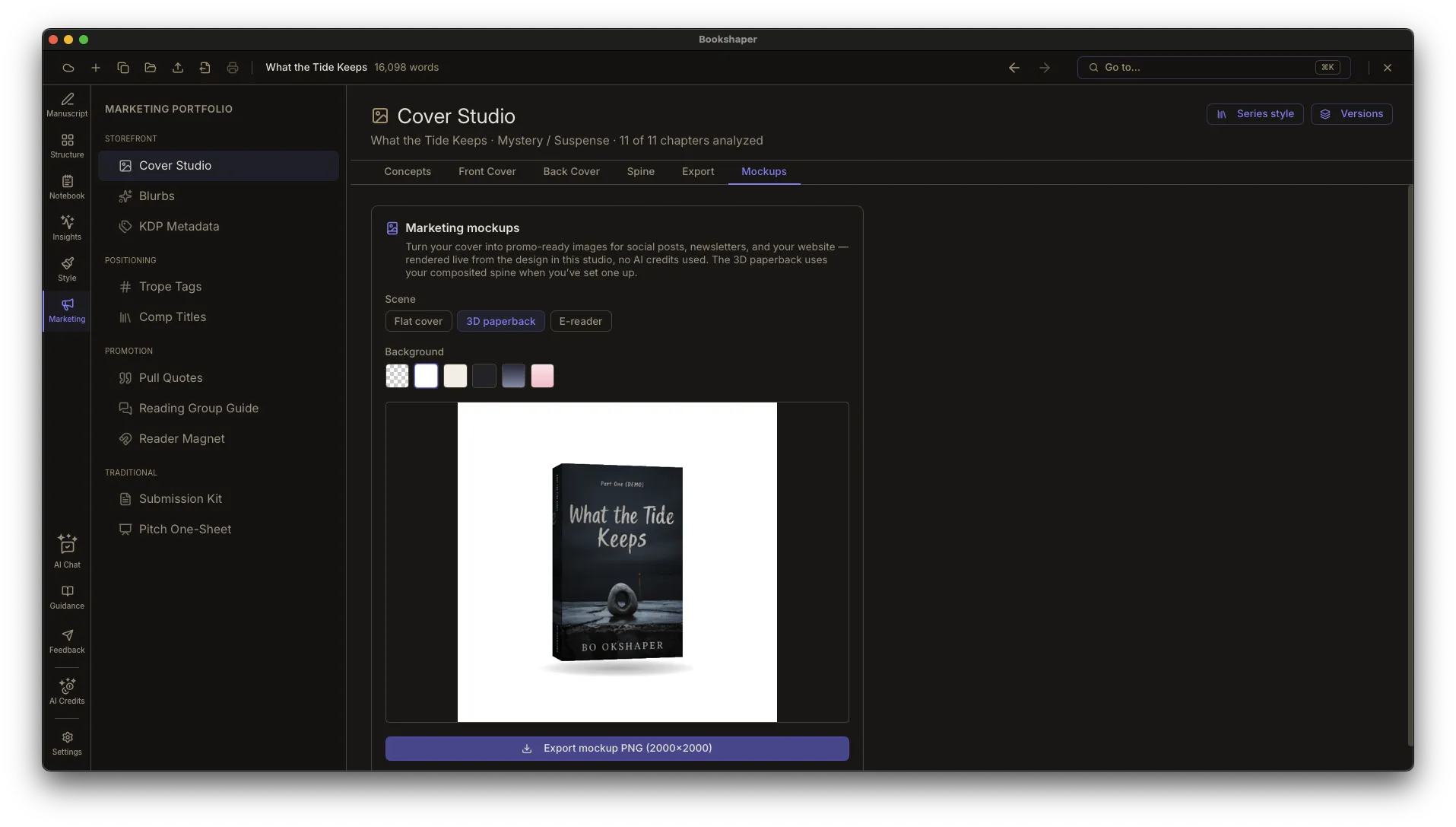 Mockups tab — 3D paperback, e-reader, and flat cover marketing scenes on a transparent background