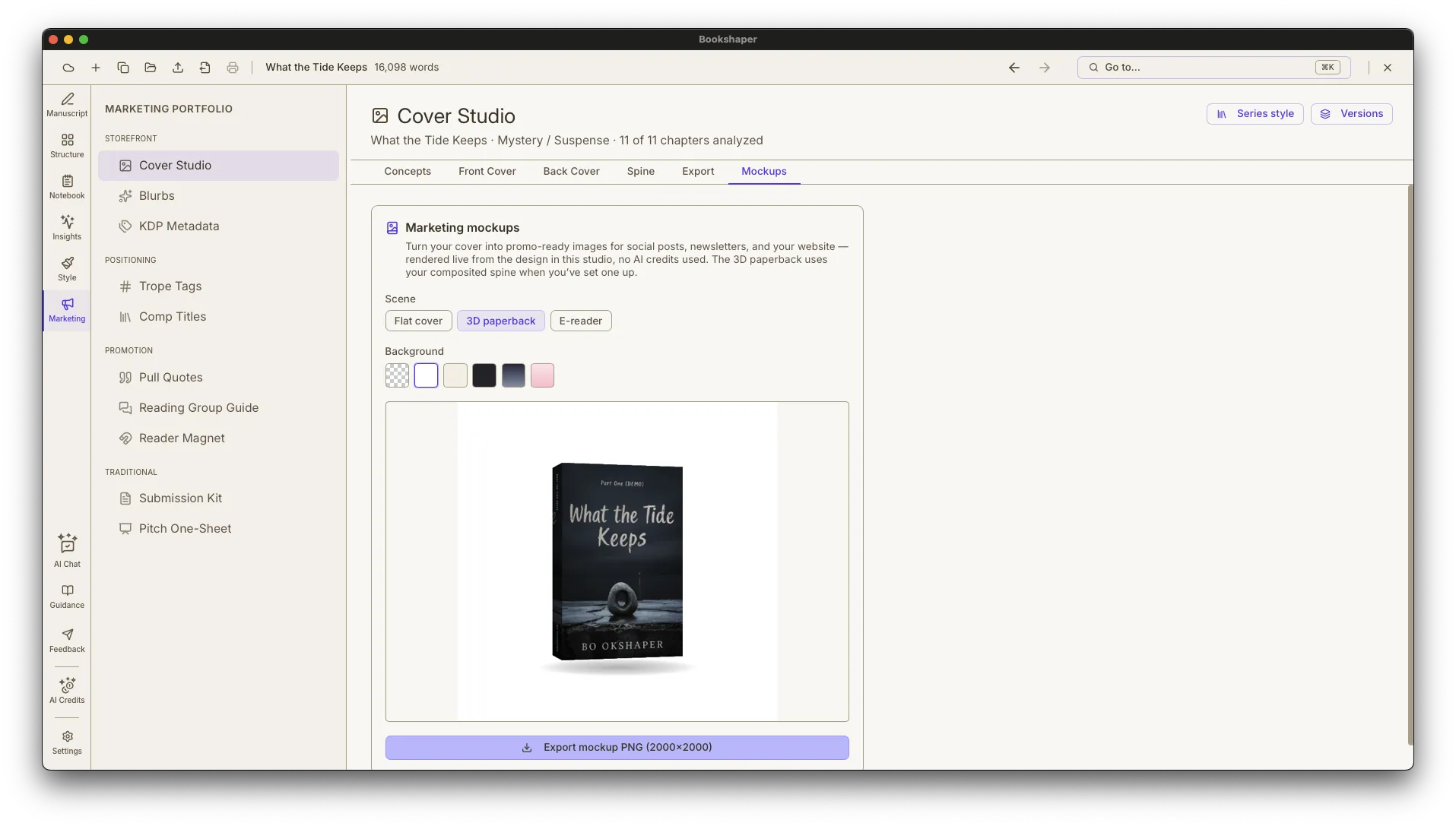 Mockups tab — 3D paperback, e-reader, and flat cover marketing scenes on a transparent background