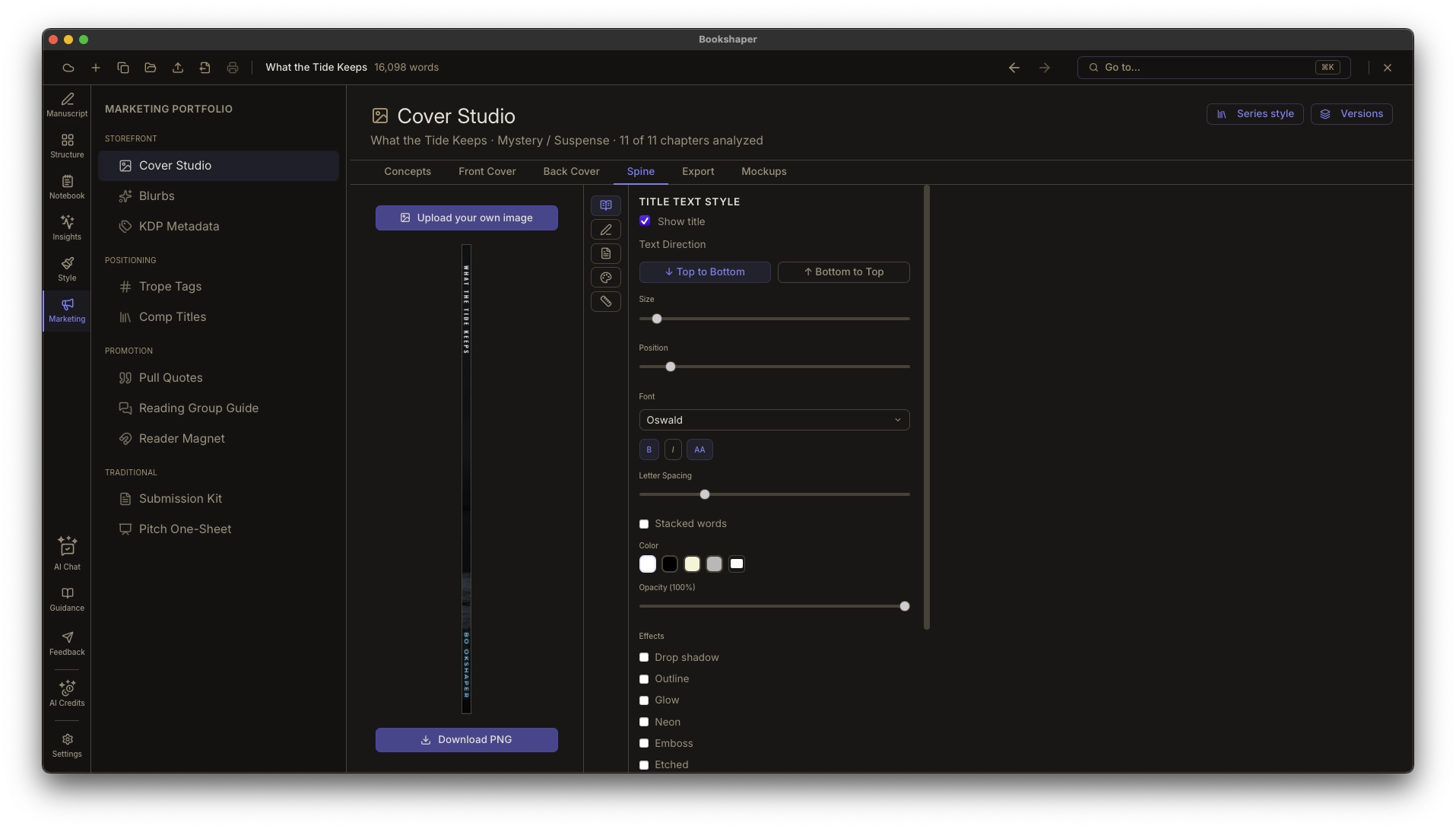 Spine tab — spine with title and author, width computed from page count and paper stock