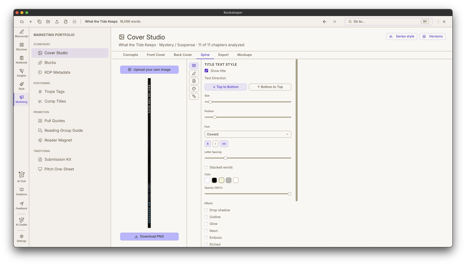 Spine tab — spine with title and author, width computed from page count and paper stock