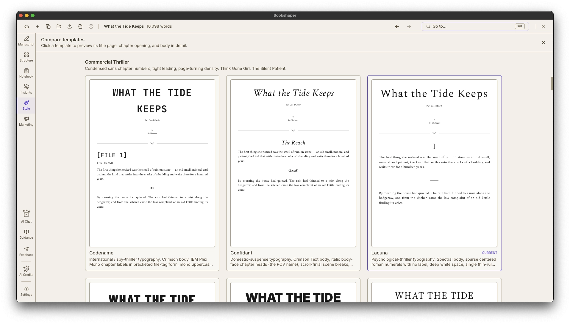 Design My Interior recommending a genre-aware template, scene-break ornament, and body/display font pairing, each with a plain-language rationale