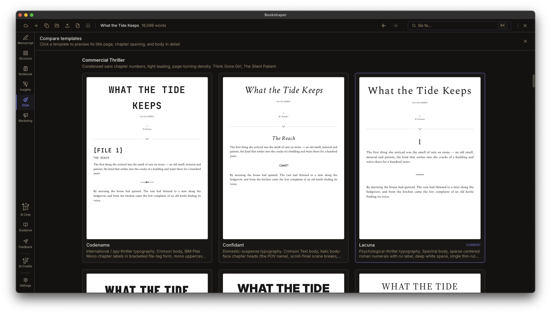 Design My Interior recommending a genre-aware template, scene-break ornament, and body/display font pairing, each with a plain-language rationale