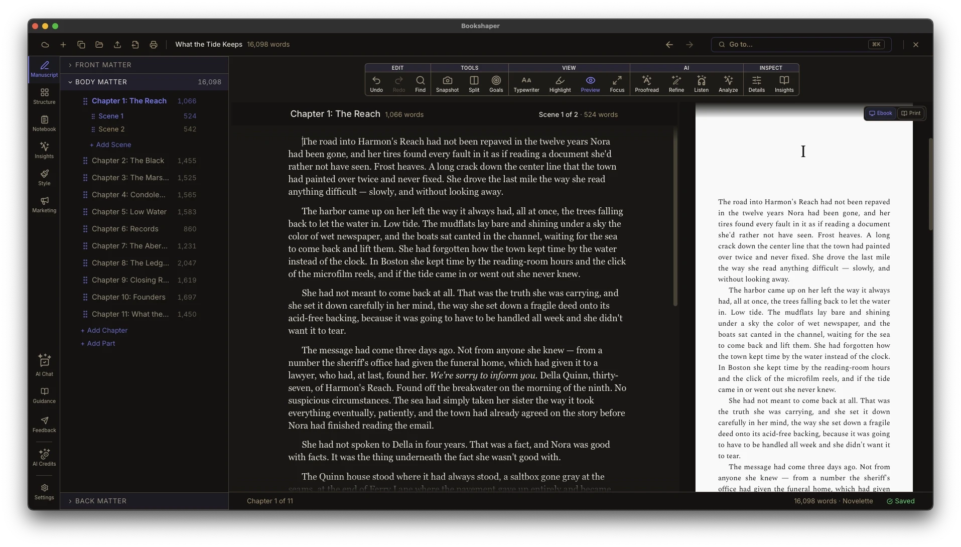 Bookshaper desktop application showing the writing editor, scene sidebar, and manuscript preview