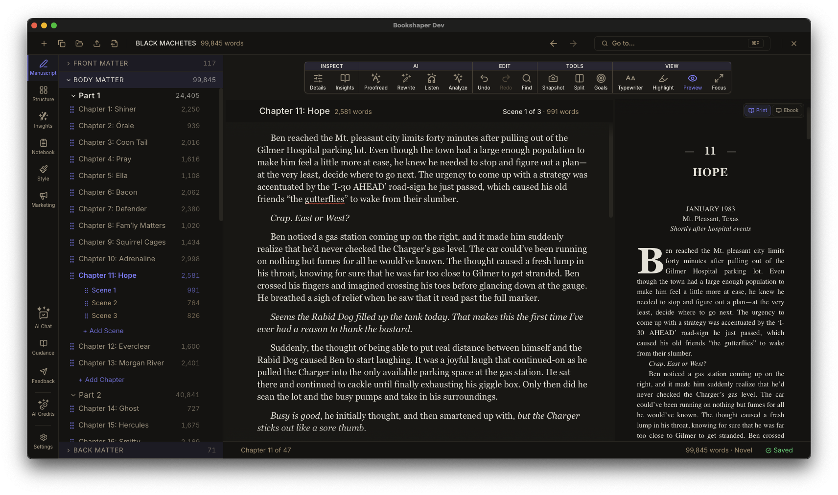 Bookshaper desktop application showing the writing editor, scene sidebar, and manuscript preview