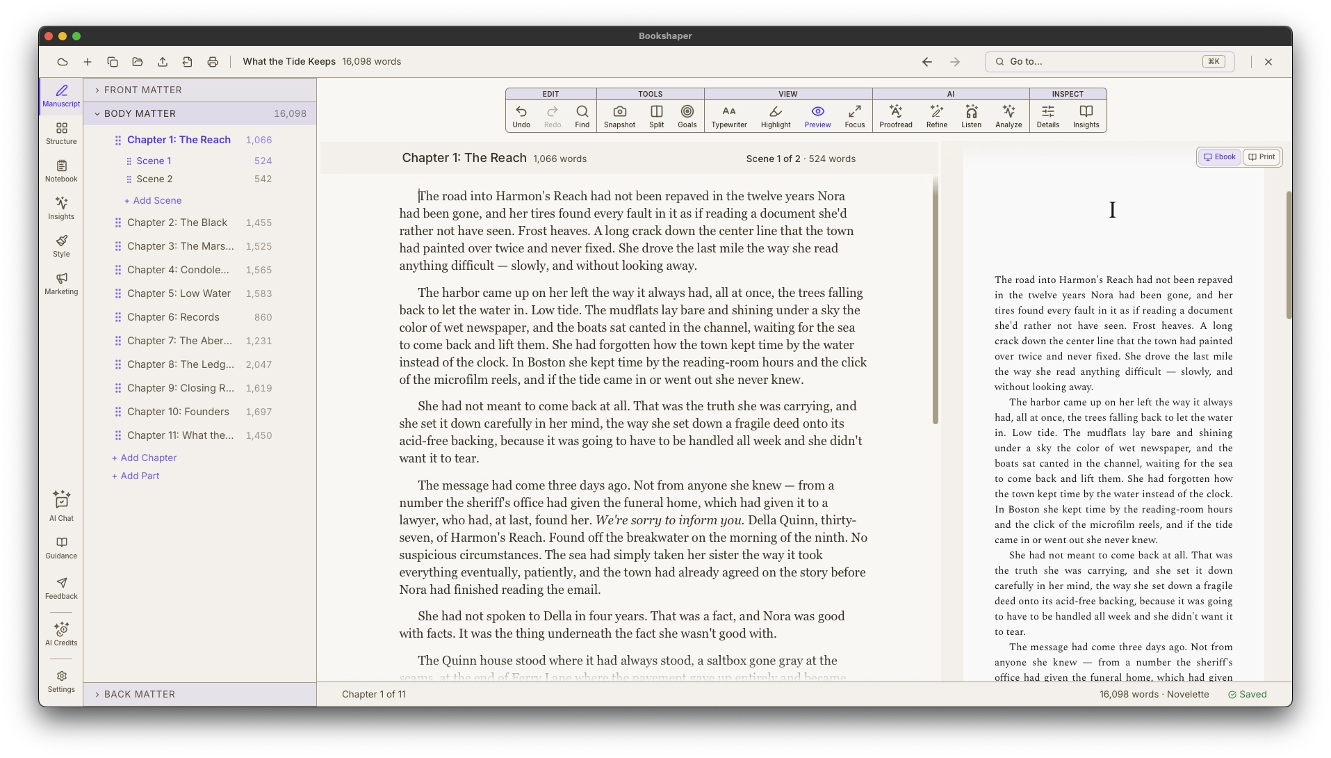 Bookshaper desktop application showing the writing editor, scene sidebar, and manuscript preview