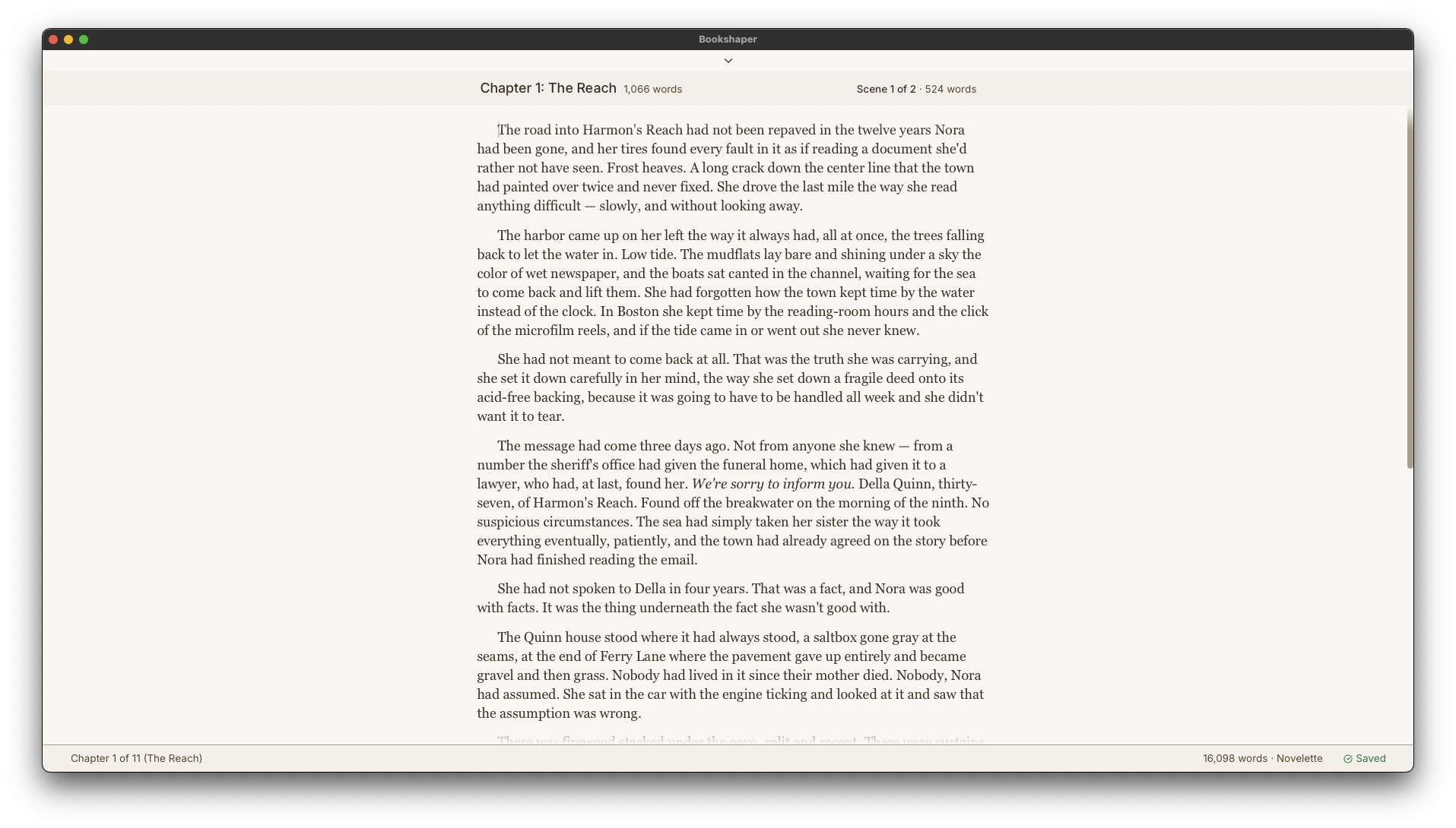 Bookshaper writing editor with scene sidebar and manuscript preview