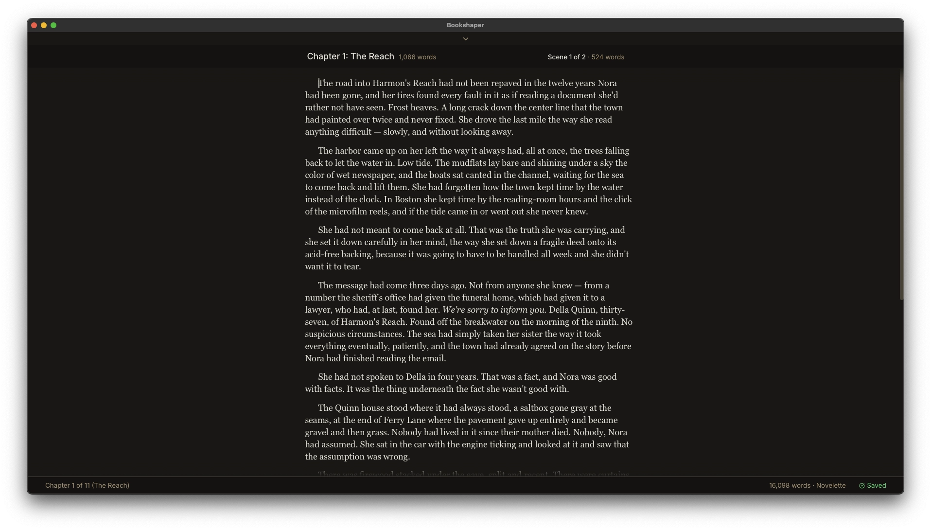 Bookshaper writing editor with scene sidebar and manuscript preview