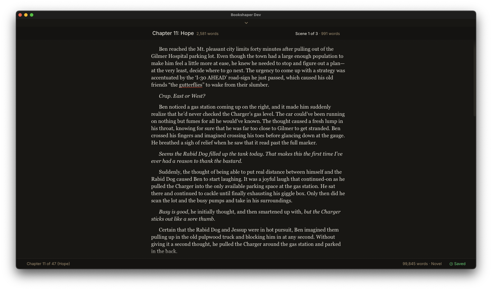 Bookshaper writing editor with scene sidebar and manuscript preview