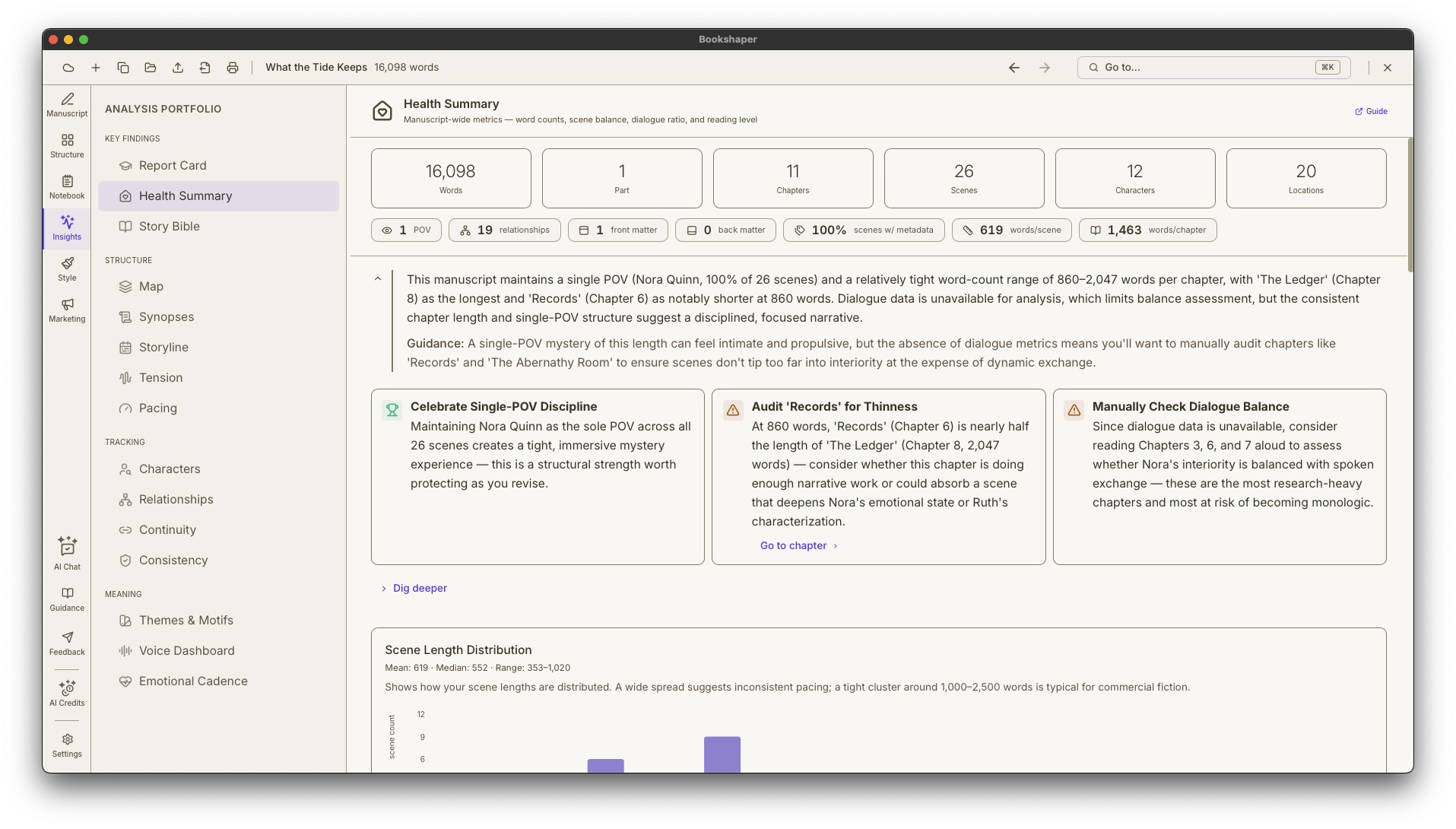 Interactive health summary with manuscript stats, word count charts, and pacing evidence