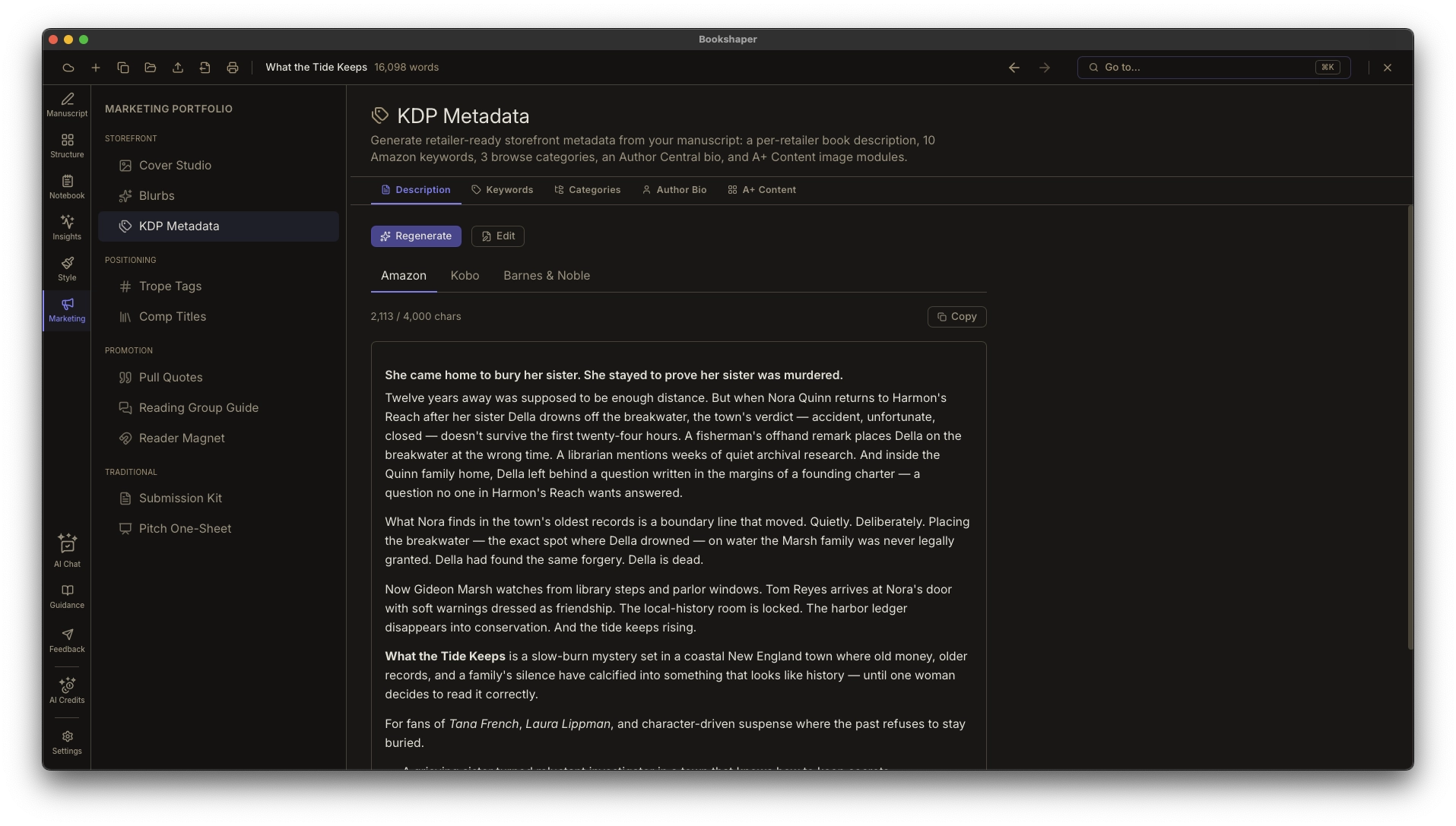 Export dialog producing publication-ready EPUB, PDF, and DOCX files with retailer-specific editions