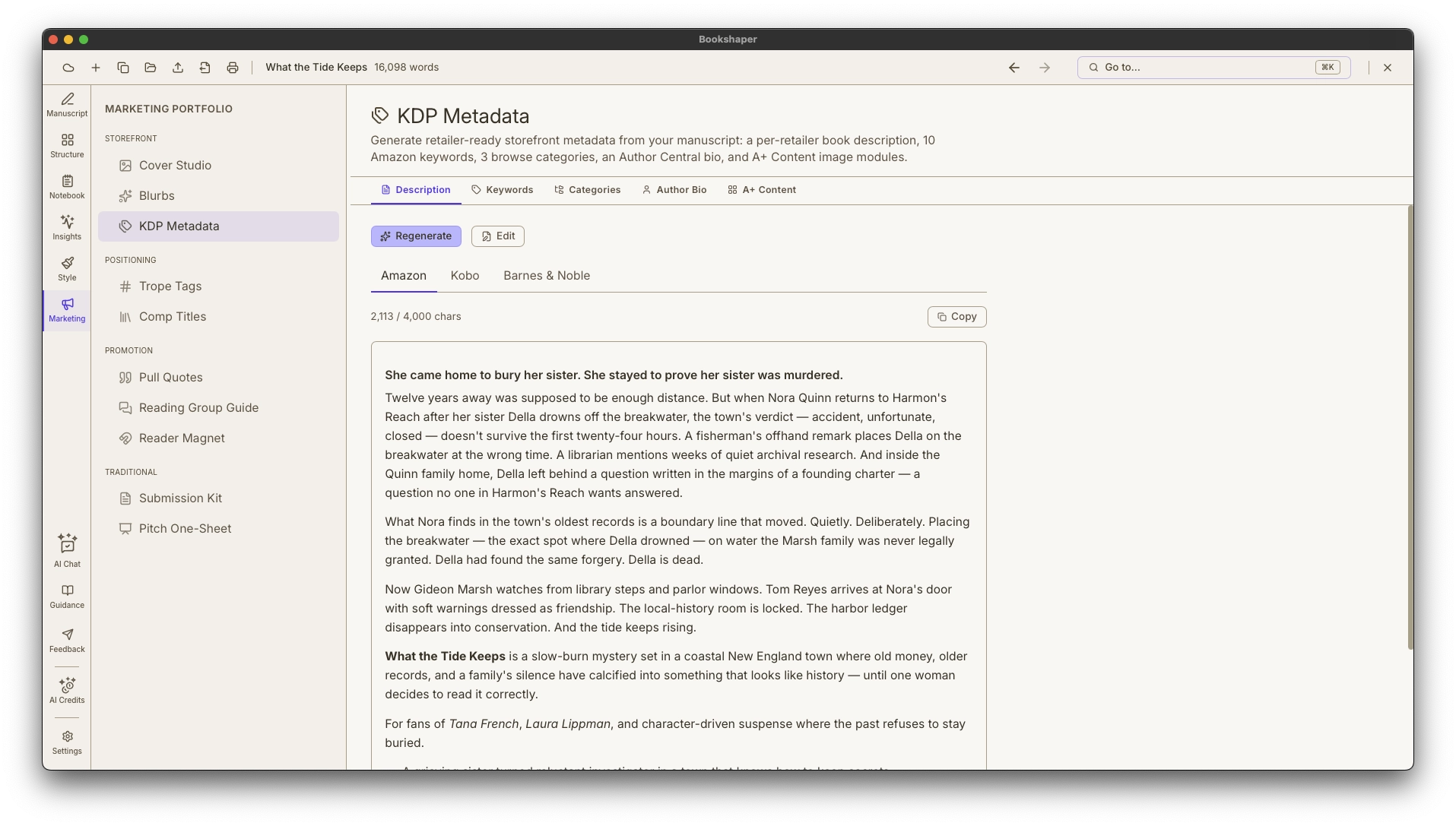 Export dialog producing publication-ready EPUB, PDF, and DOCX files with retailer-specific editions