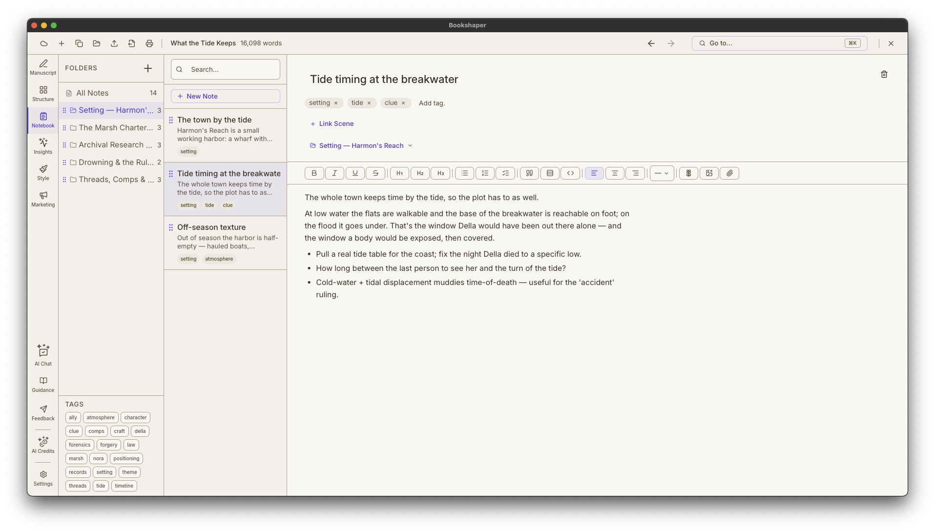Research notebook with folders, tags, and scene-linked notes
