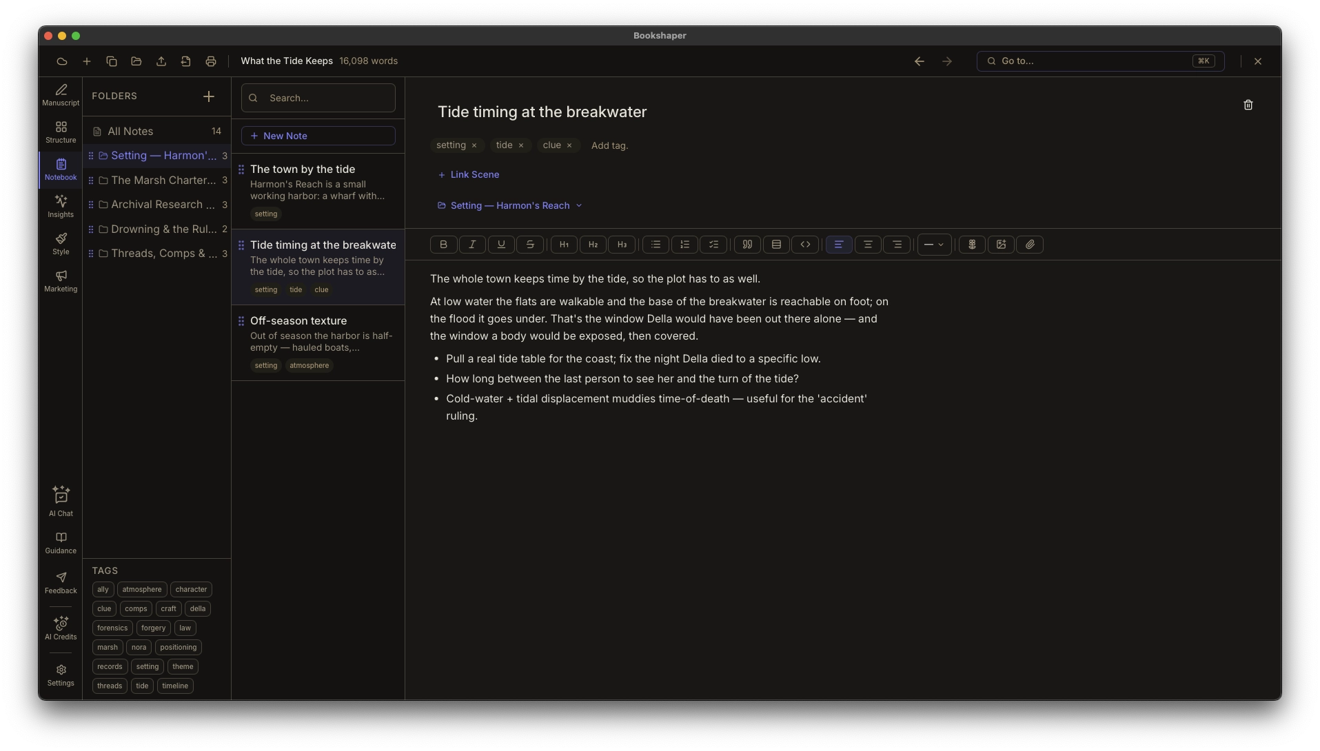 Research notebook with folders, tags, and scene-linked notes