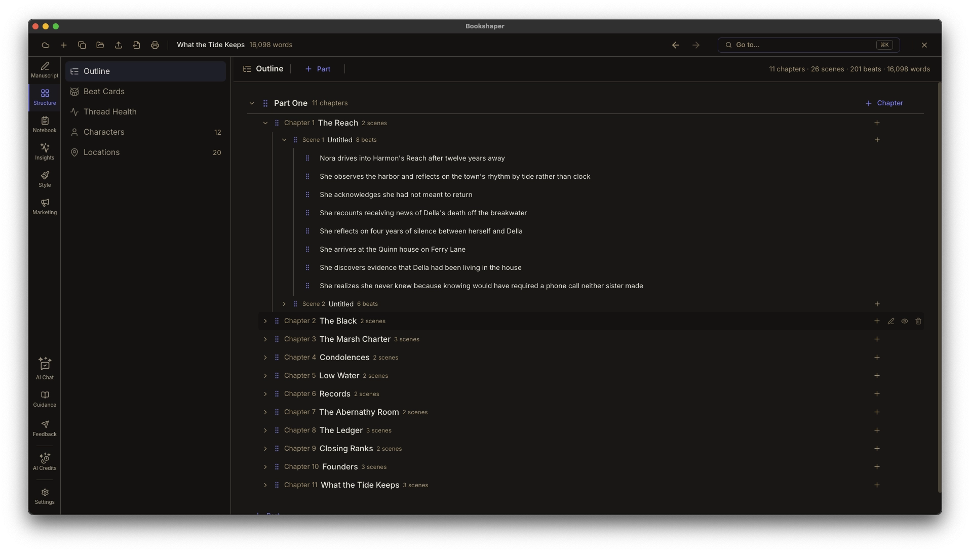 The Outline tree showing parts, chapters, scenes, and beats as one nested, collapsible view