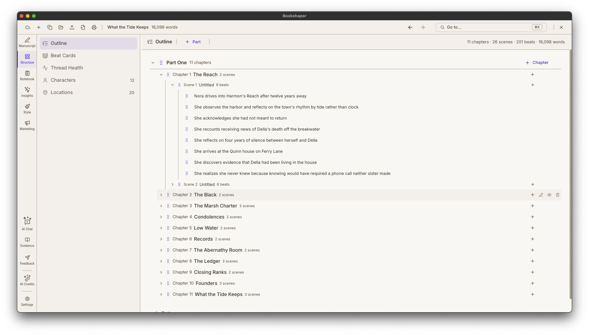 The Outline tree showing parts, chapters, scenes, and beats as one nested, collapsible view