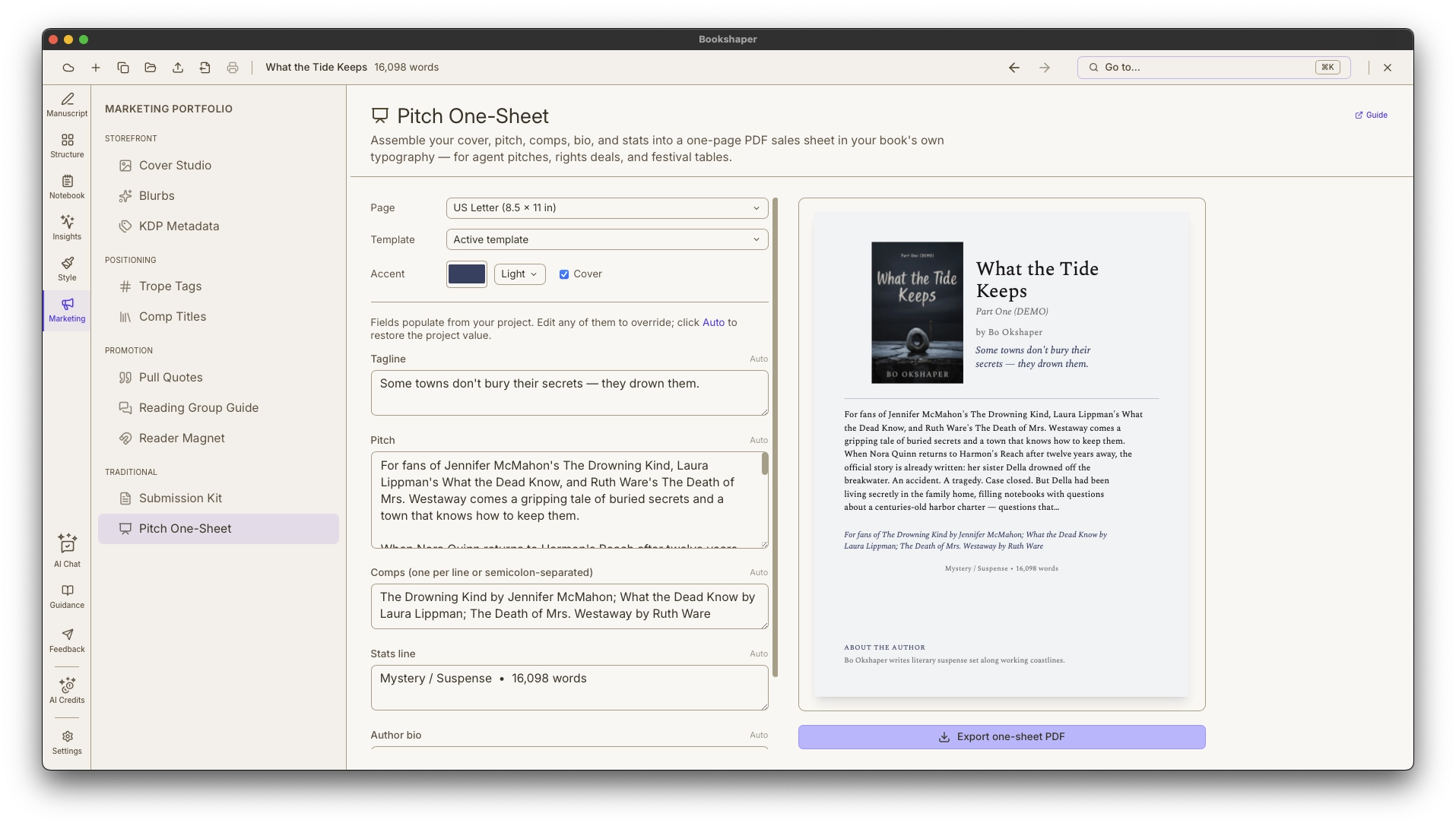 Pitch One-Sheet showing a book cover, tagline, pitch, comp titles, and author bio laid out on a single styled PDF page