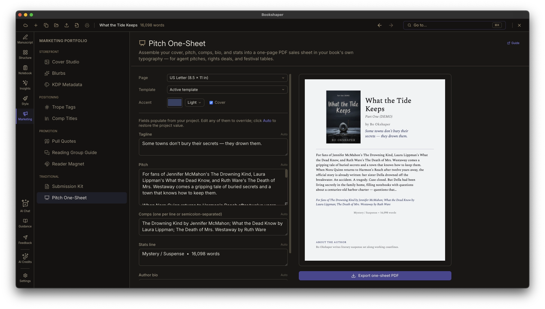 Pitch One-Sheet showing a book cover, tagline, pitch, comp titles, and author bio laid out on a single styled PDF page