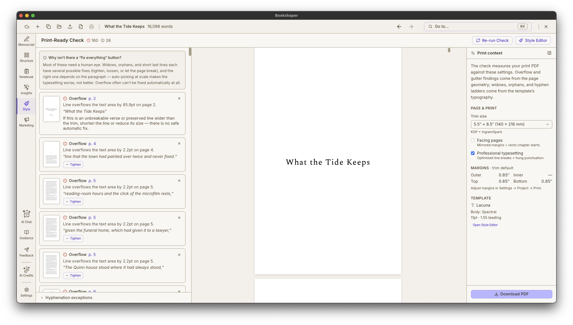 Print-Ready Check panel listing widows, orphans, and hyphen-ladder findings beside the compiled print PDF, each with one-click fixes