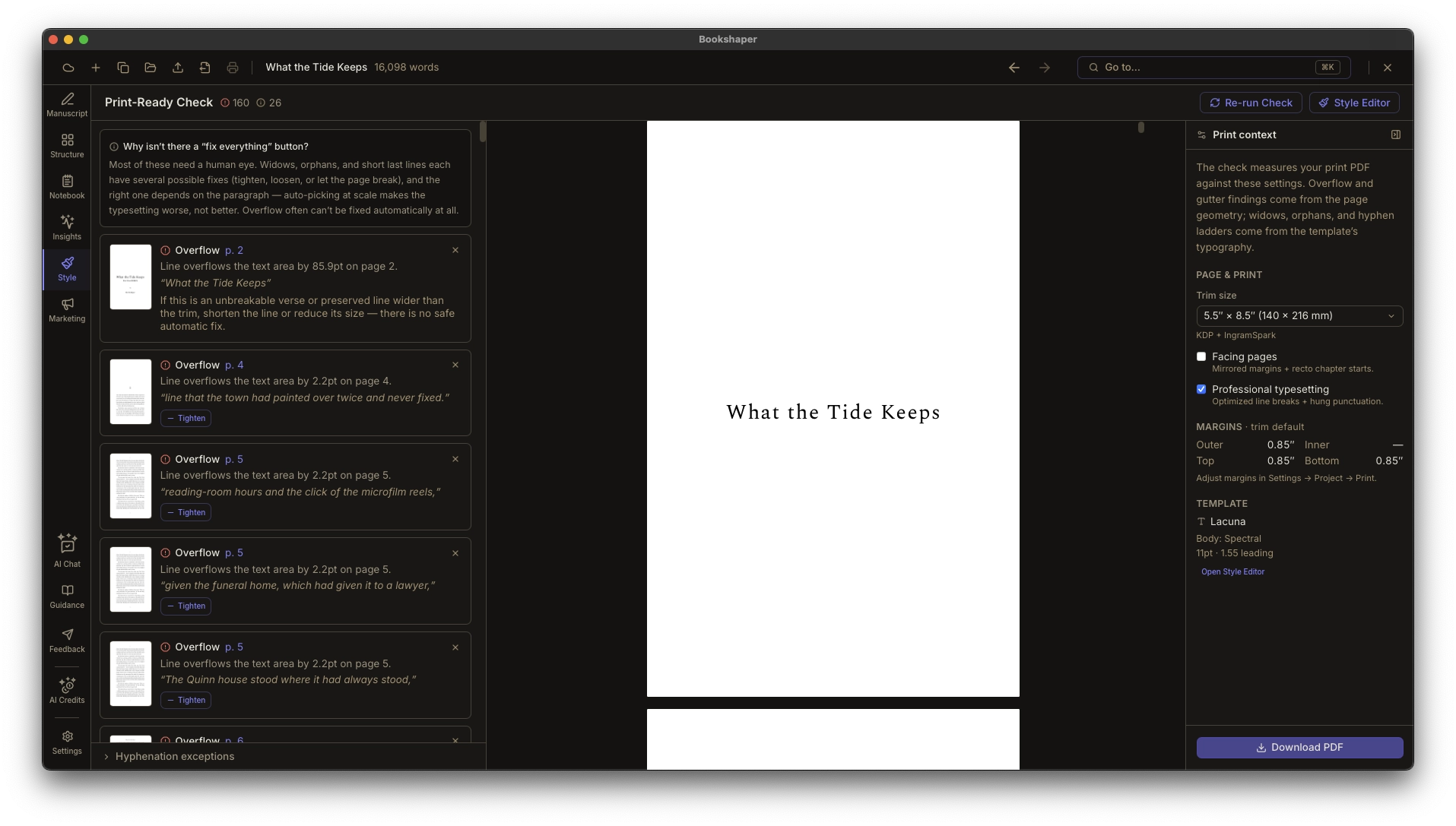 Print-Ready Check panel listing widows, orphans, and hyphen-ladder findings beside the compiled print PDF, each with one-click fixes
