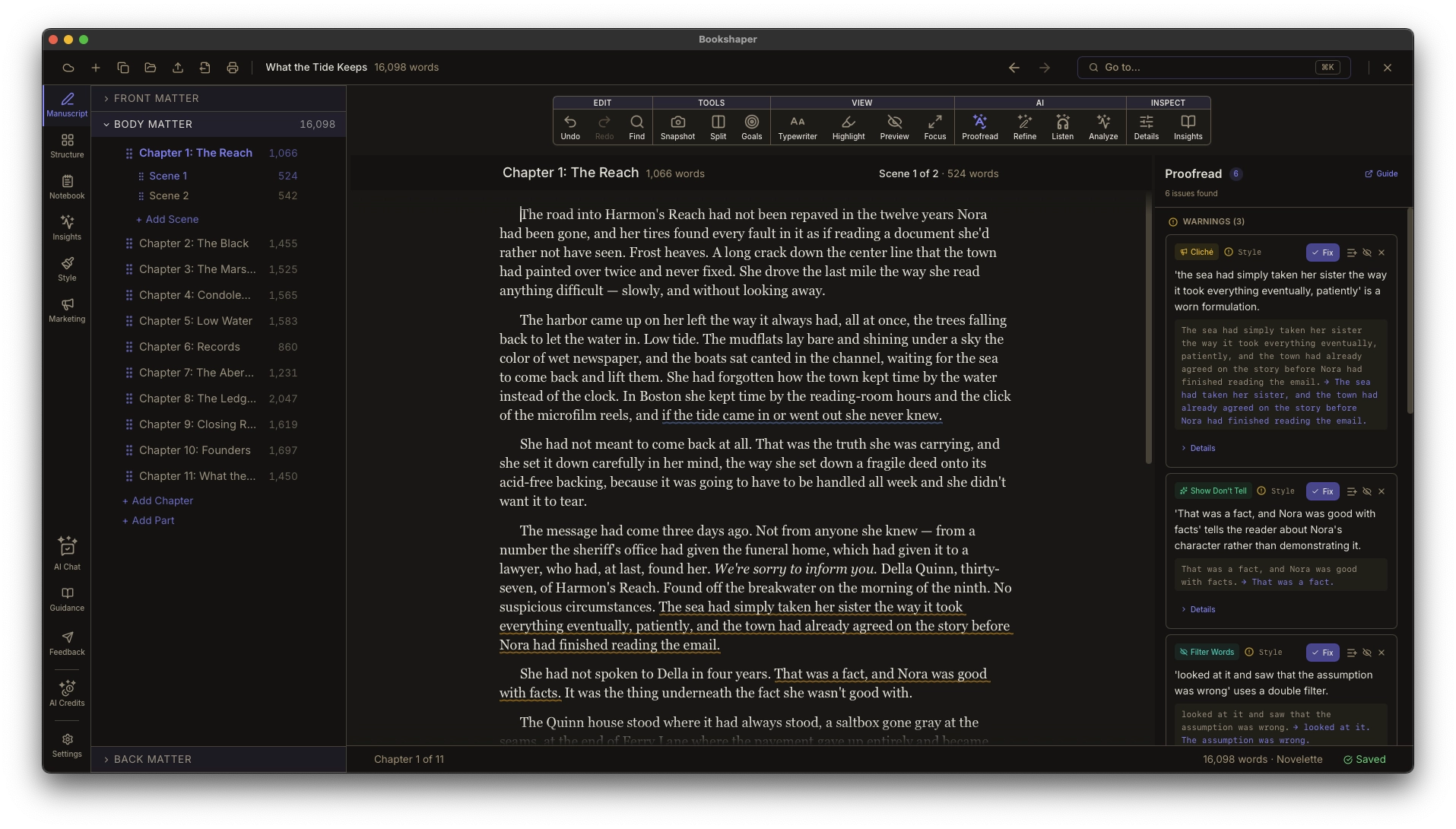 Proofread panel showing grammar, style, and spelling issues with inline wavy underlines in the editor