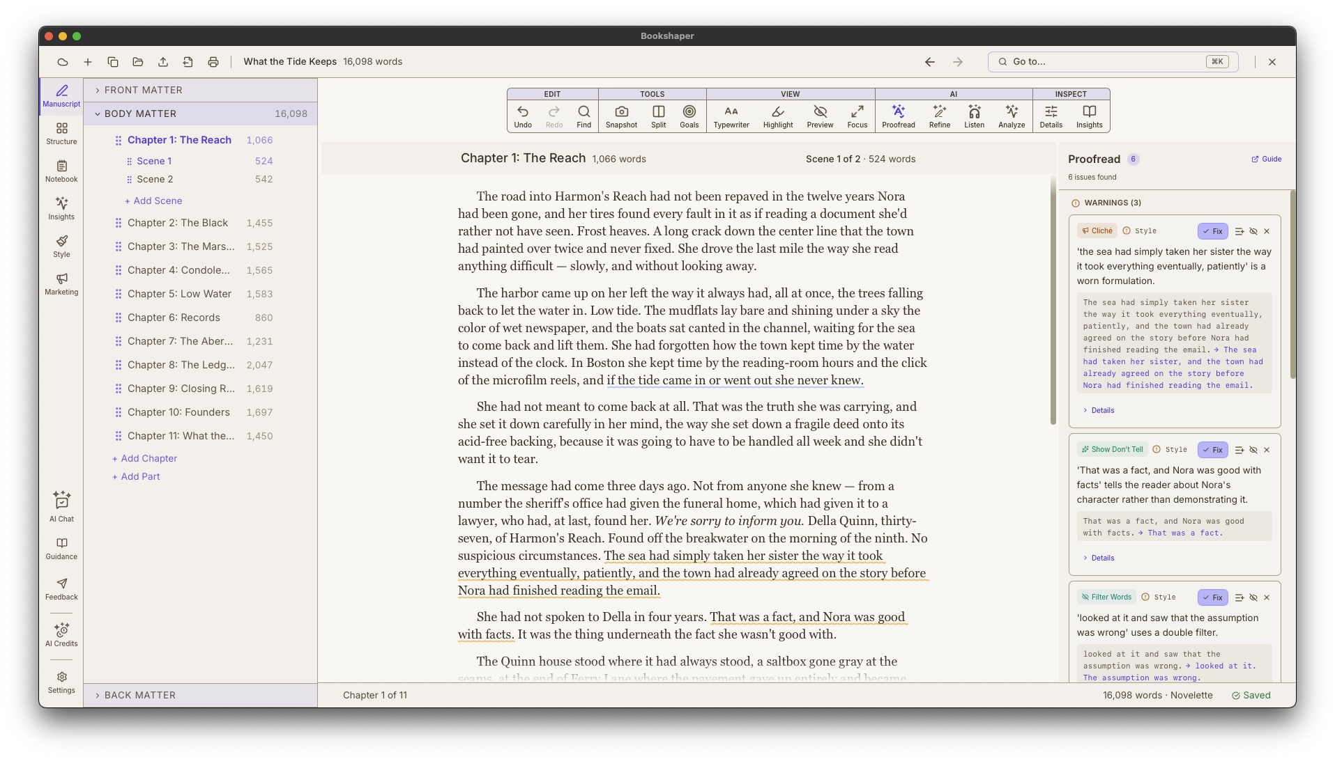 Proofread panel showing grammar, style, and spelling issues with inline wavy underlines in the editor