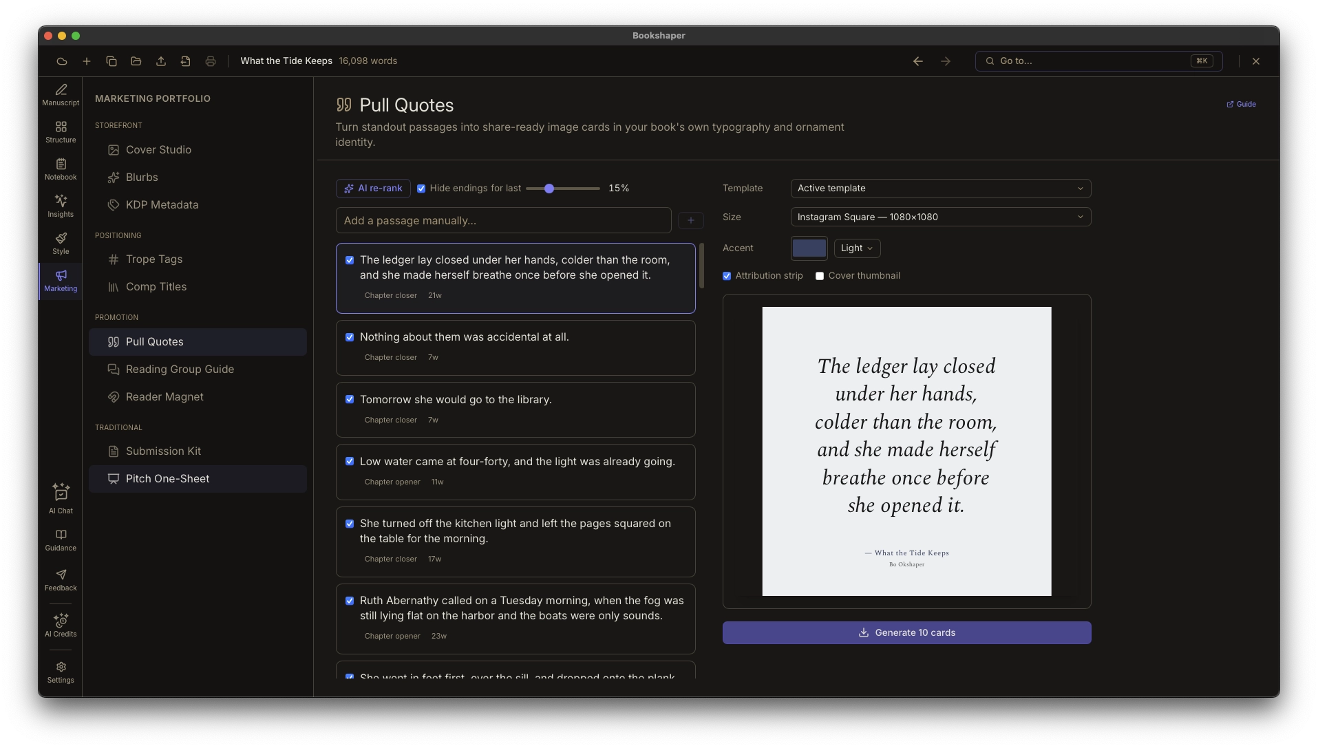 Pull Quotes composer showing a manuscript passage set as an Instagram-square image card in the book's typography