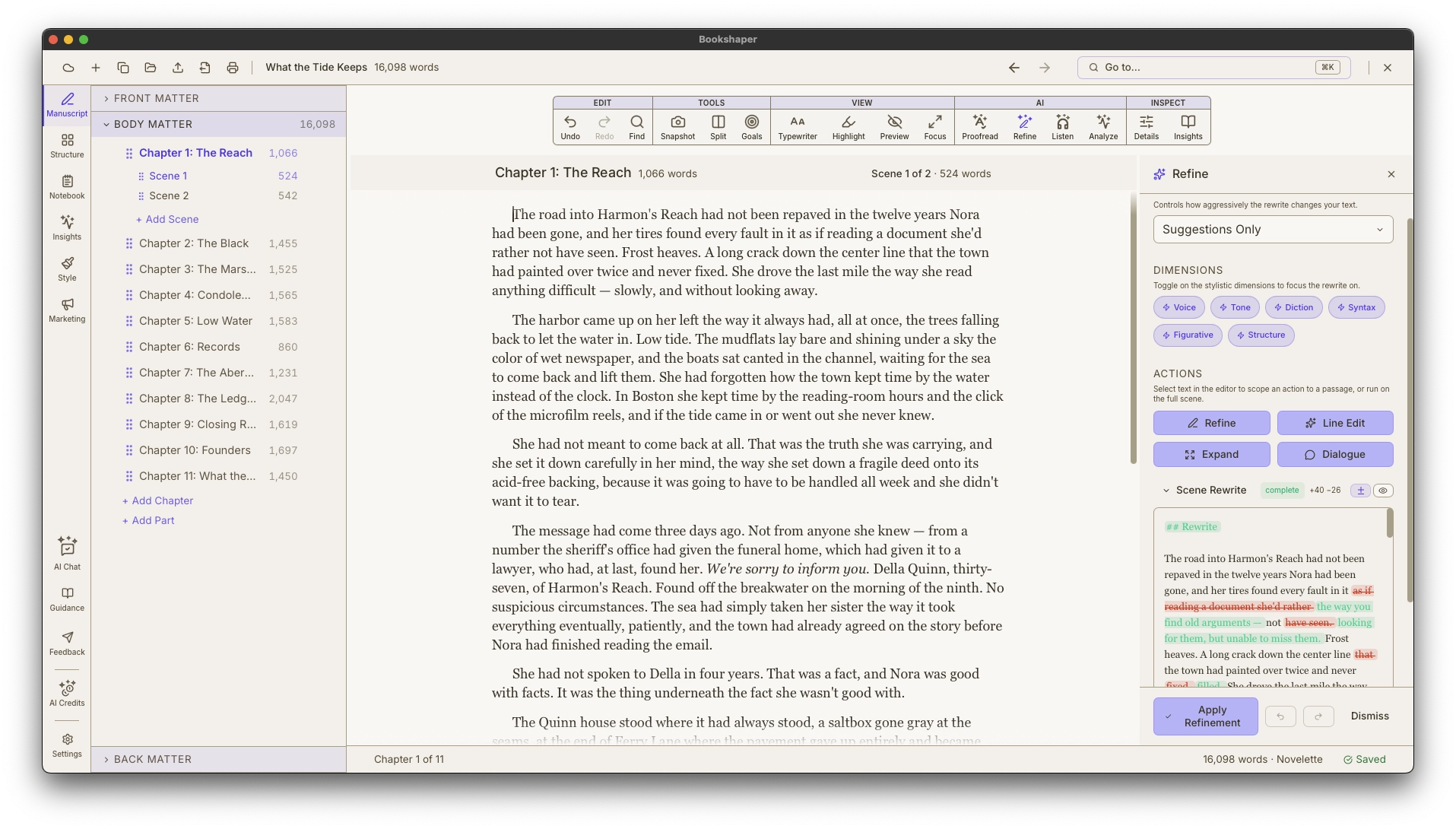 Refine panel showing scene refinement with dimension controls and diff view