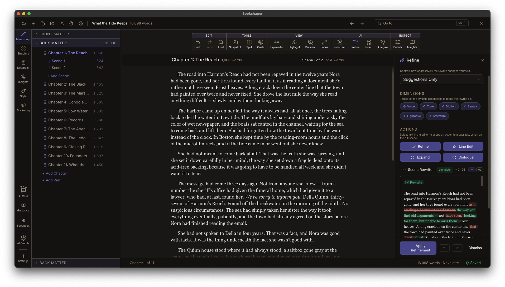 Refine panel showing scene refinement with dimension controls and diff view