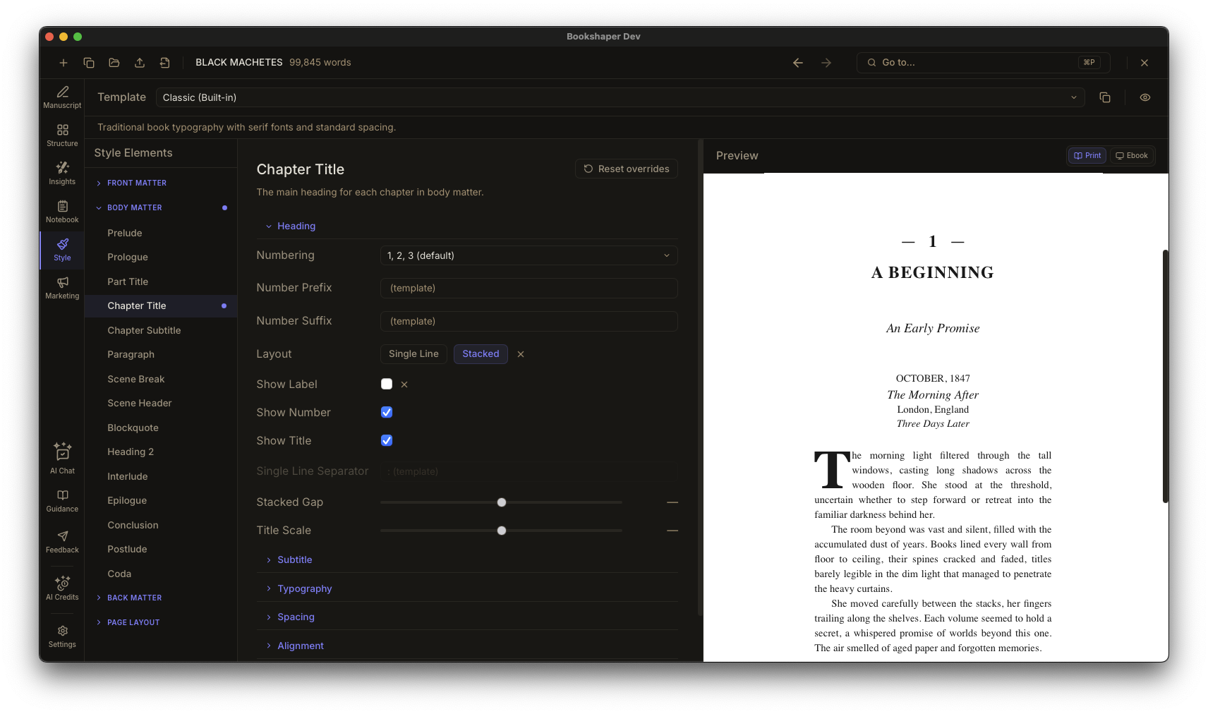 Style editor with typographic controls, ornament picker, and live preview