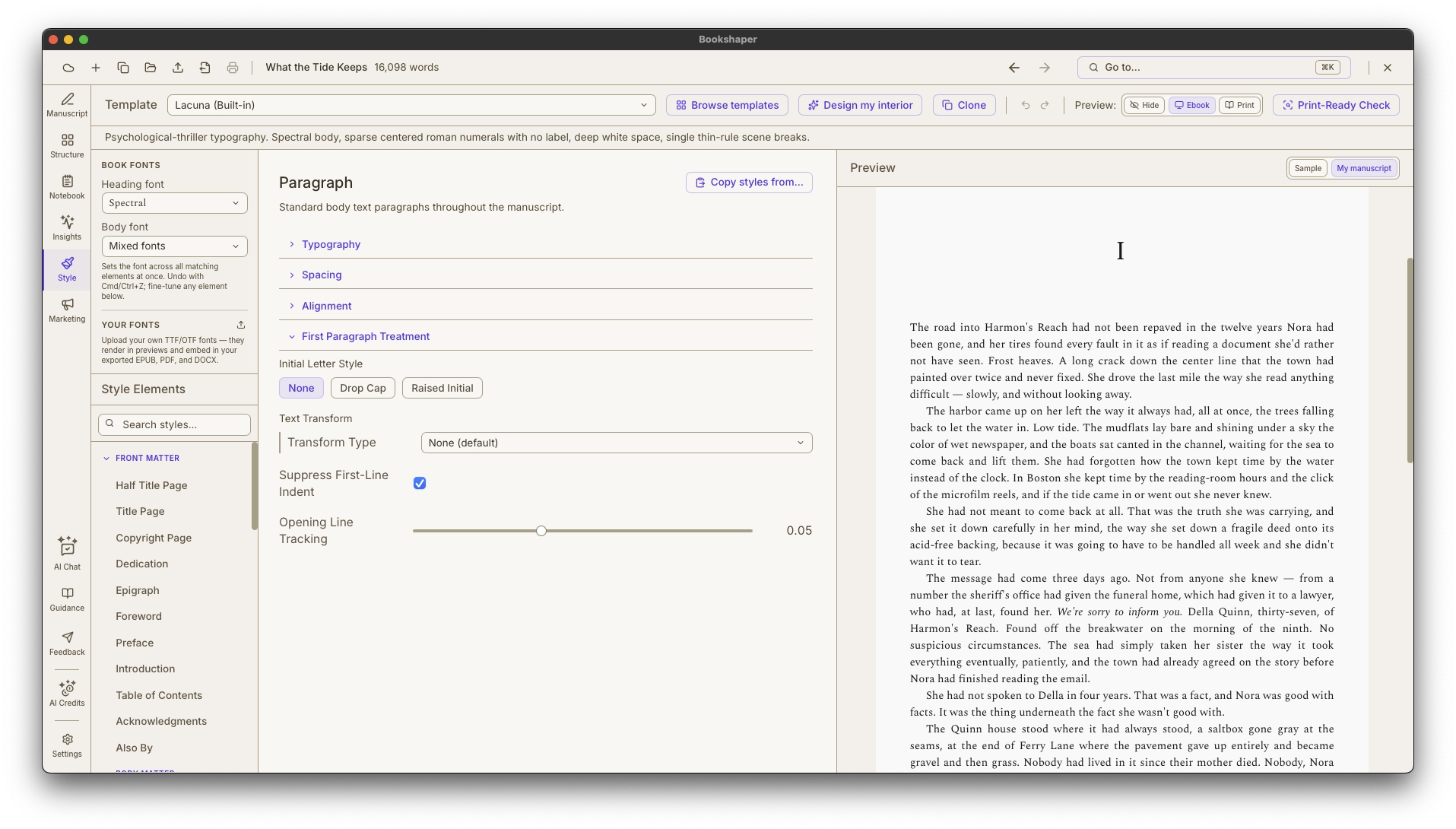 Style editor with typographic controls, ornament picker, and live preview