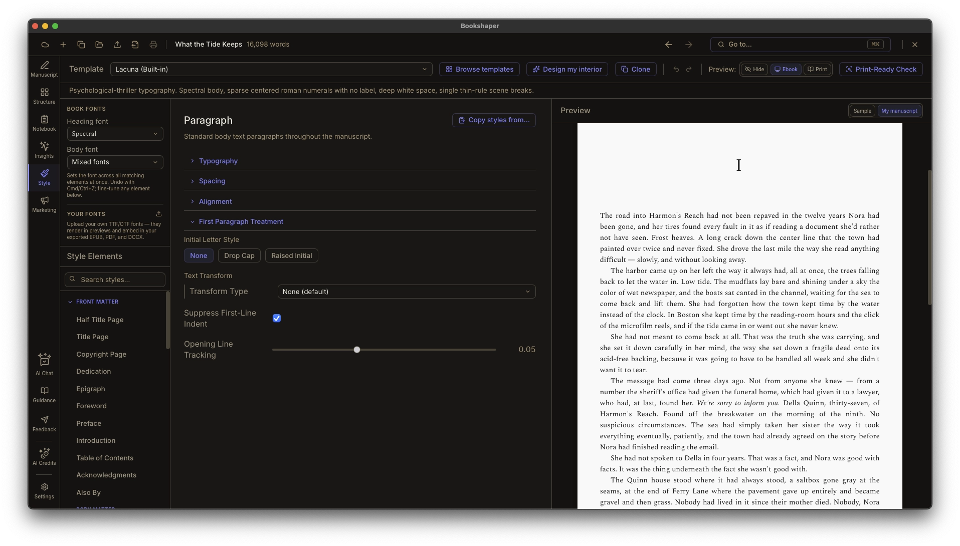 Style editor with typographic controls, ornament picker, and live preview