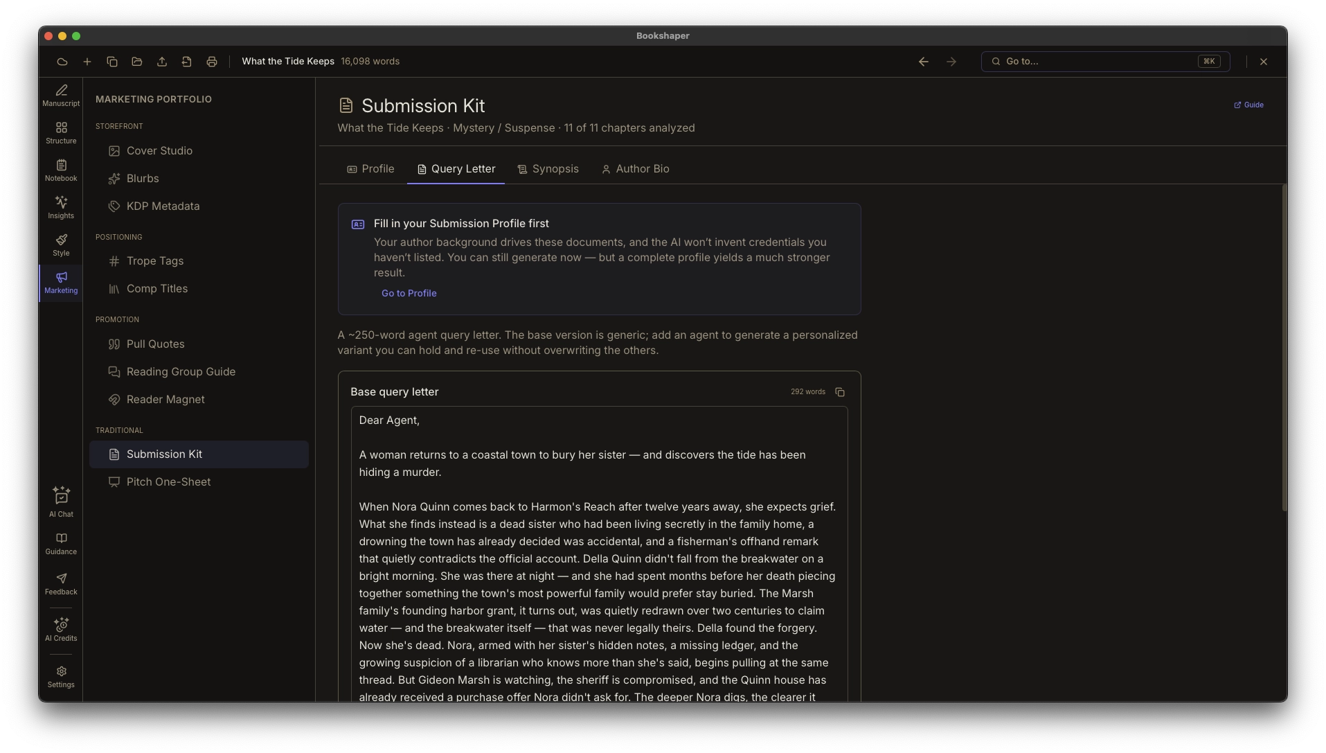Submission Kit showing a query letter, one- and two-page synopses, and author bios with per-agent personalization