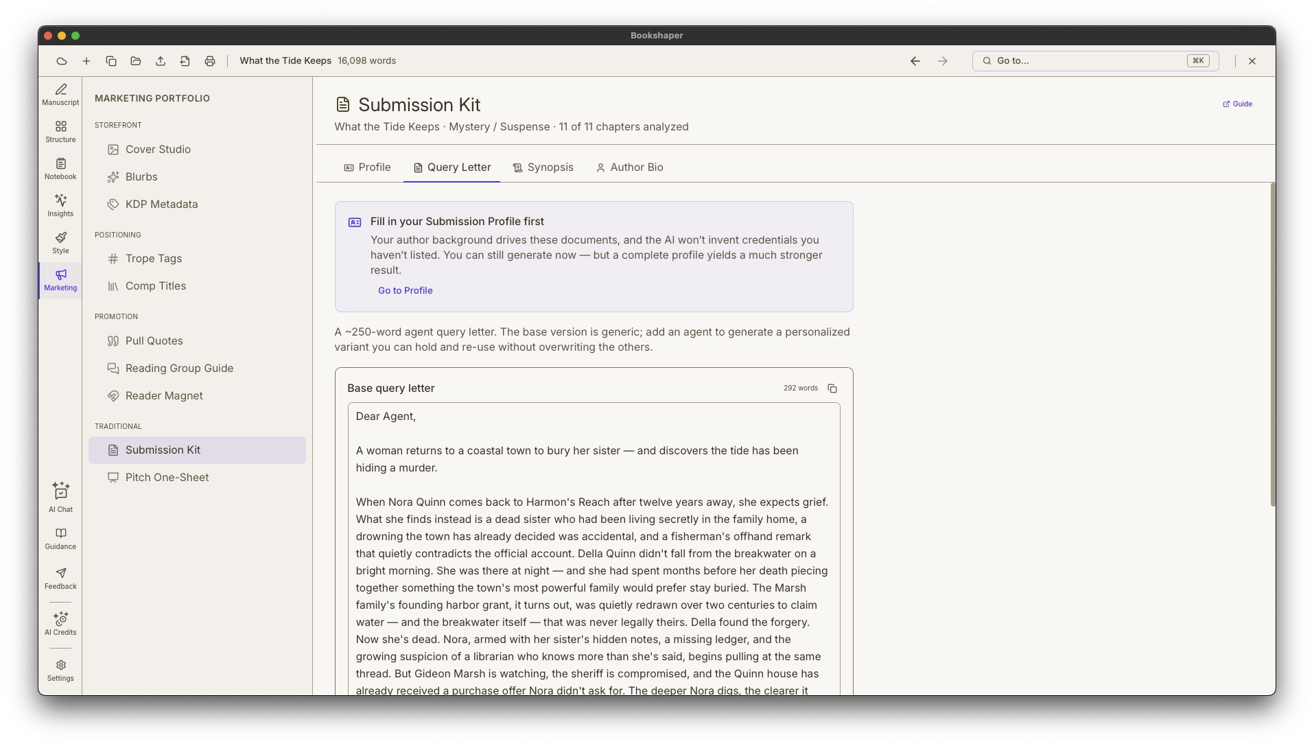 Submission Kit showing a query letter, one- and two-page synopses, and author bios with per-agent personalization