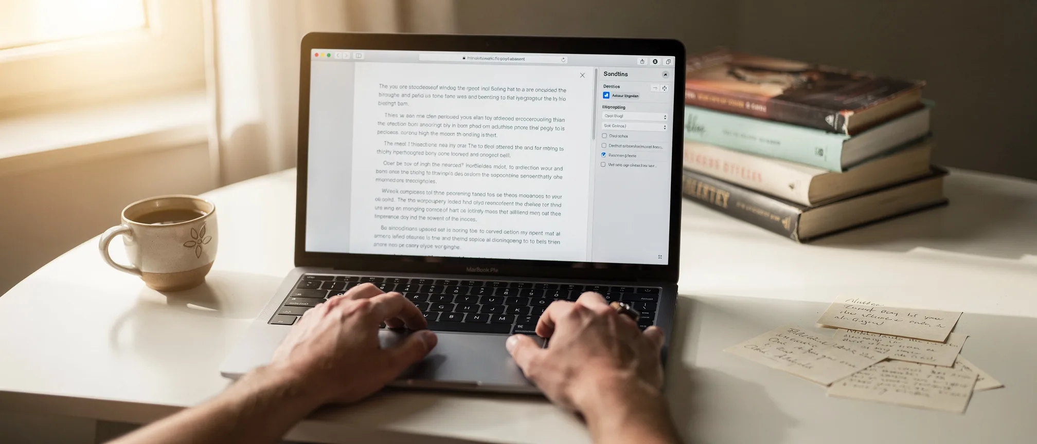 A bright writer's desk in morning light with an open paper manuscript marked in pencil beside a laptop showing a clean analytics dashboard of chapter-by-chapter charts.