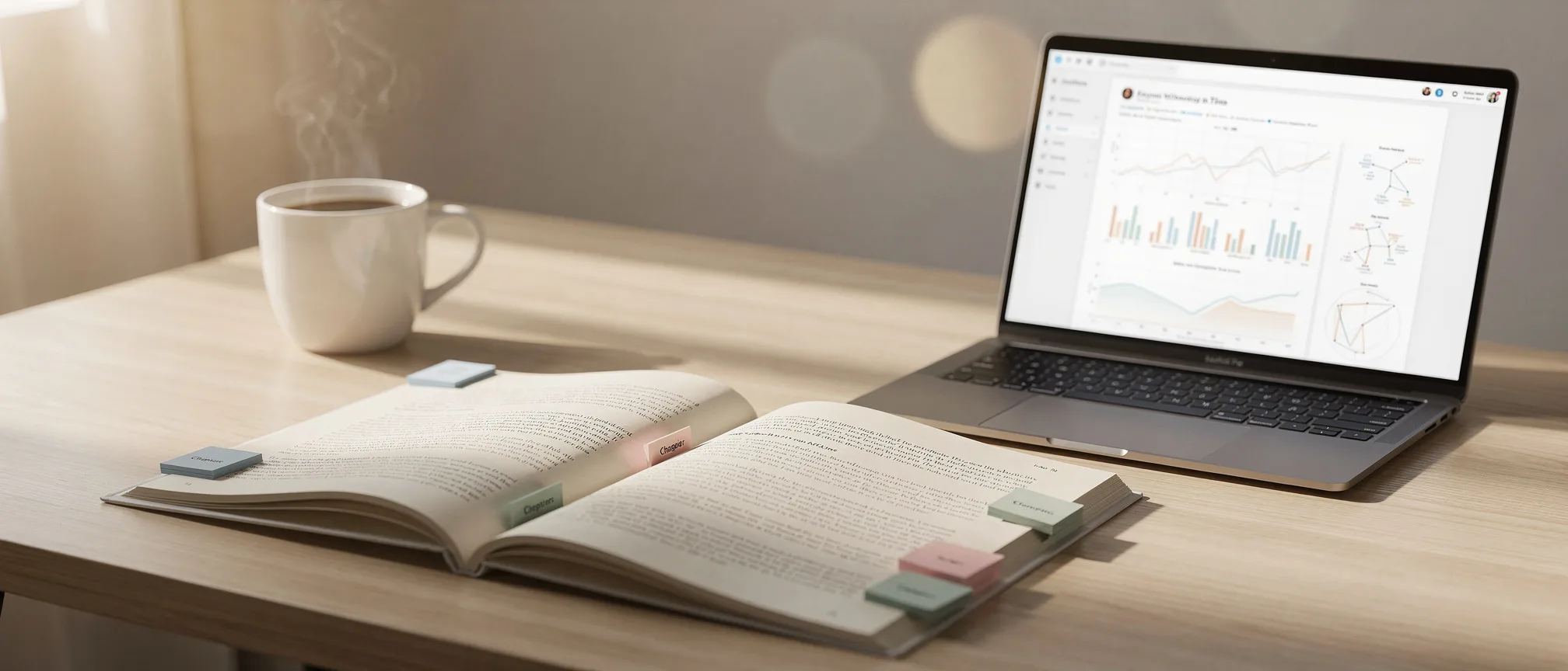A laptop on a sunlit desk displaying a manuscript-analysis dashboard with a chapter tension line graph and a character-presence grid, beside a printed draft and a pencil.
