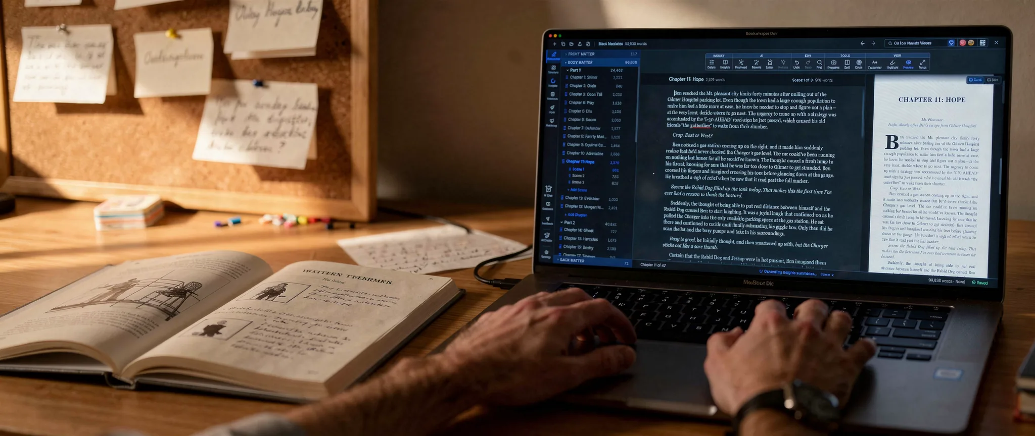A writer's hands at a laptop running a manuscript-writing app, beside an open notebook and a corkboard of notes.