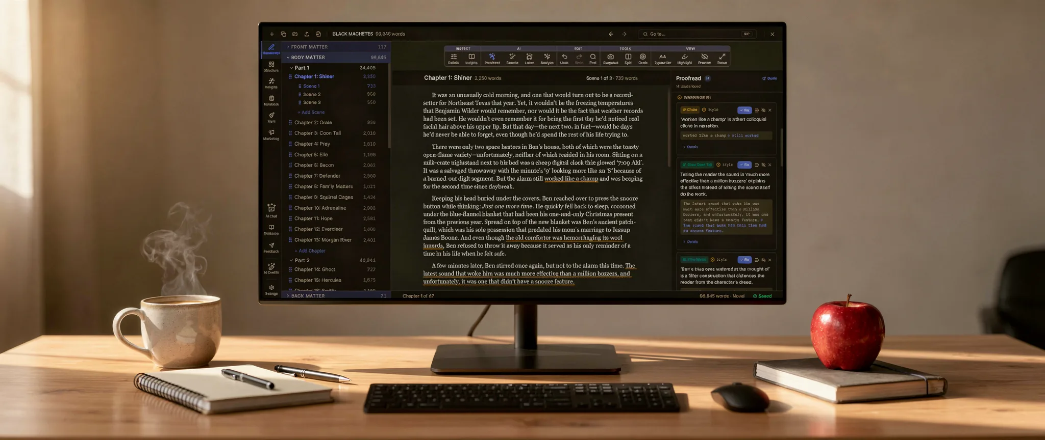 A desktop monitor running a full novel-writing app — chapter binder, manuscript editor, and notes inspector — beside a coffee mug and notebook.