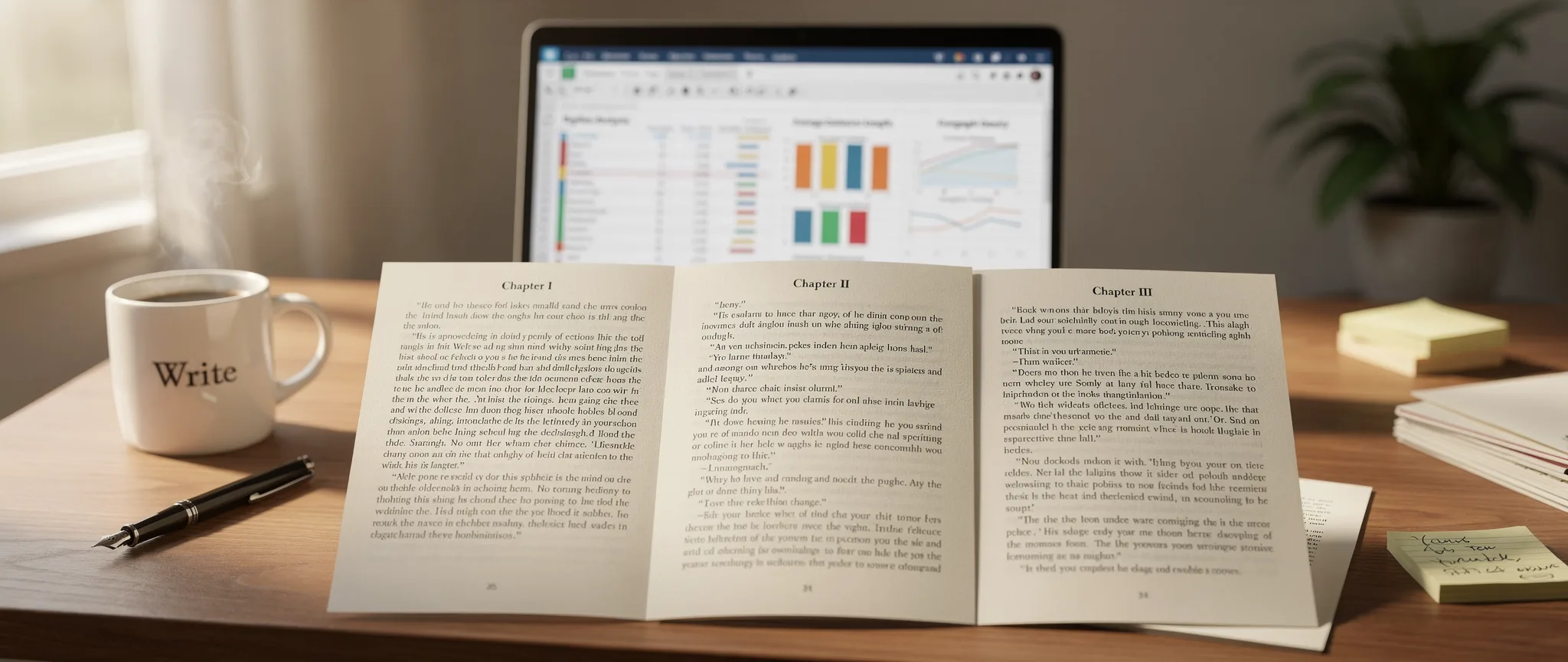 Three printed book pages opened to their first chapters on a sunlit desk, with a laptop showing charts of the text behind them.