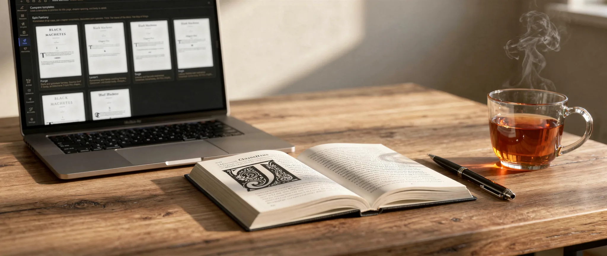 A laptop showing book formatting layout templates beside an open printed book with a large drop-cap chapter opener, a pen, and a cup of tea on a warm wooden desk.