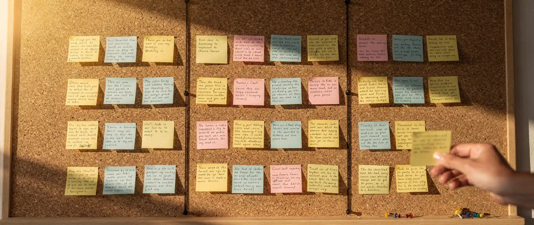 A close-up of a corkboard grid of colorful handwritten sticky-note scene cards, with a hand pinning one into place.